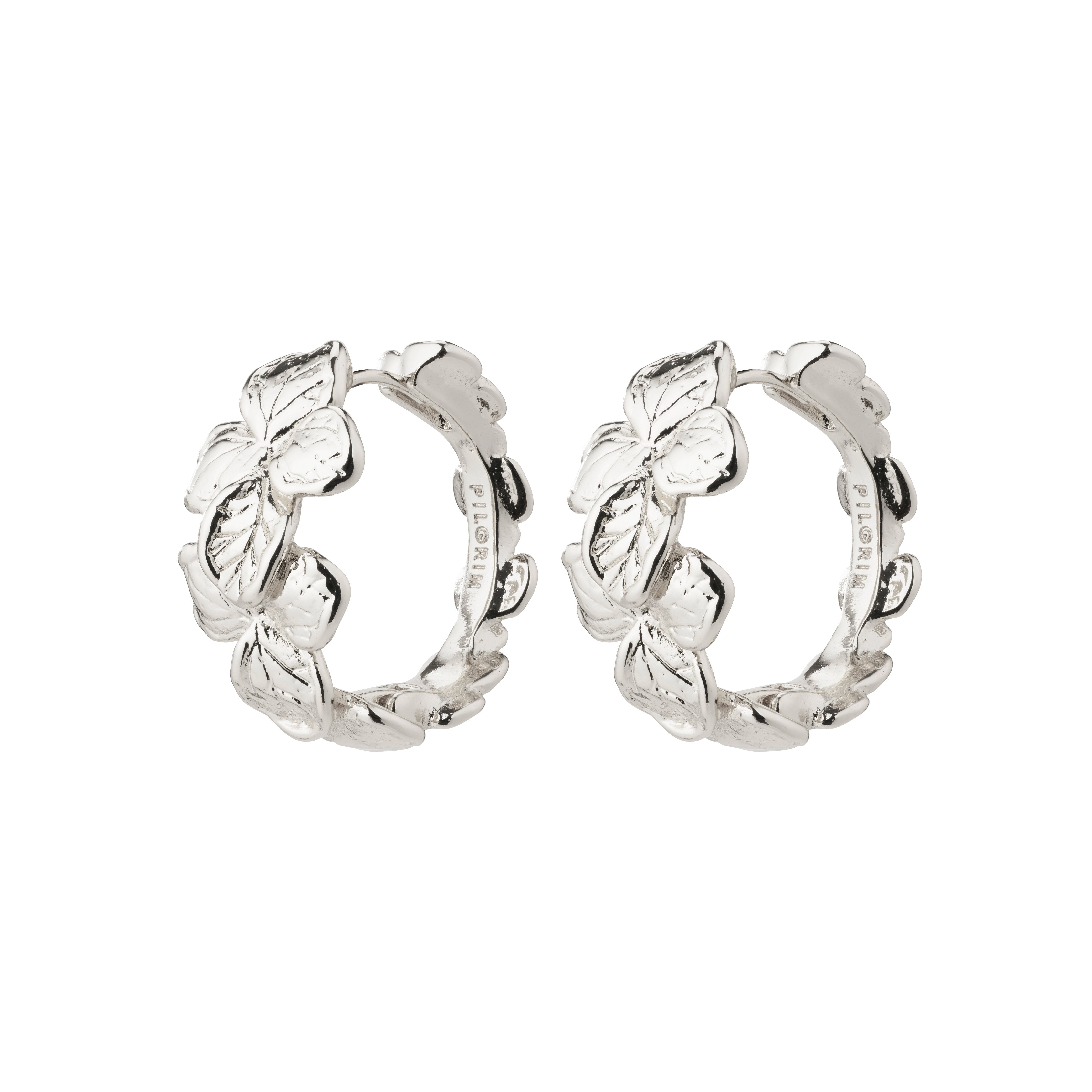 ECHO hoop earrings silver-plated with leaf-inspired design, showcasing Pilgrim's blend of timeless elegance and modern style. Made from 99% recycled materials.