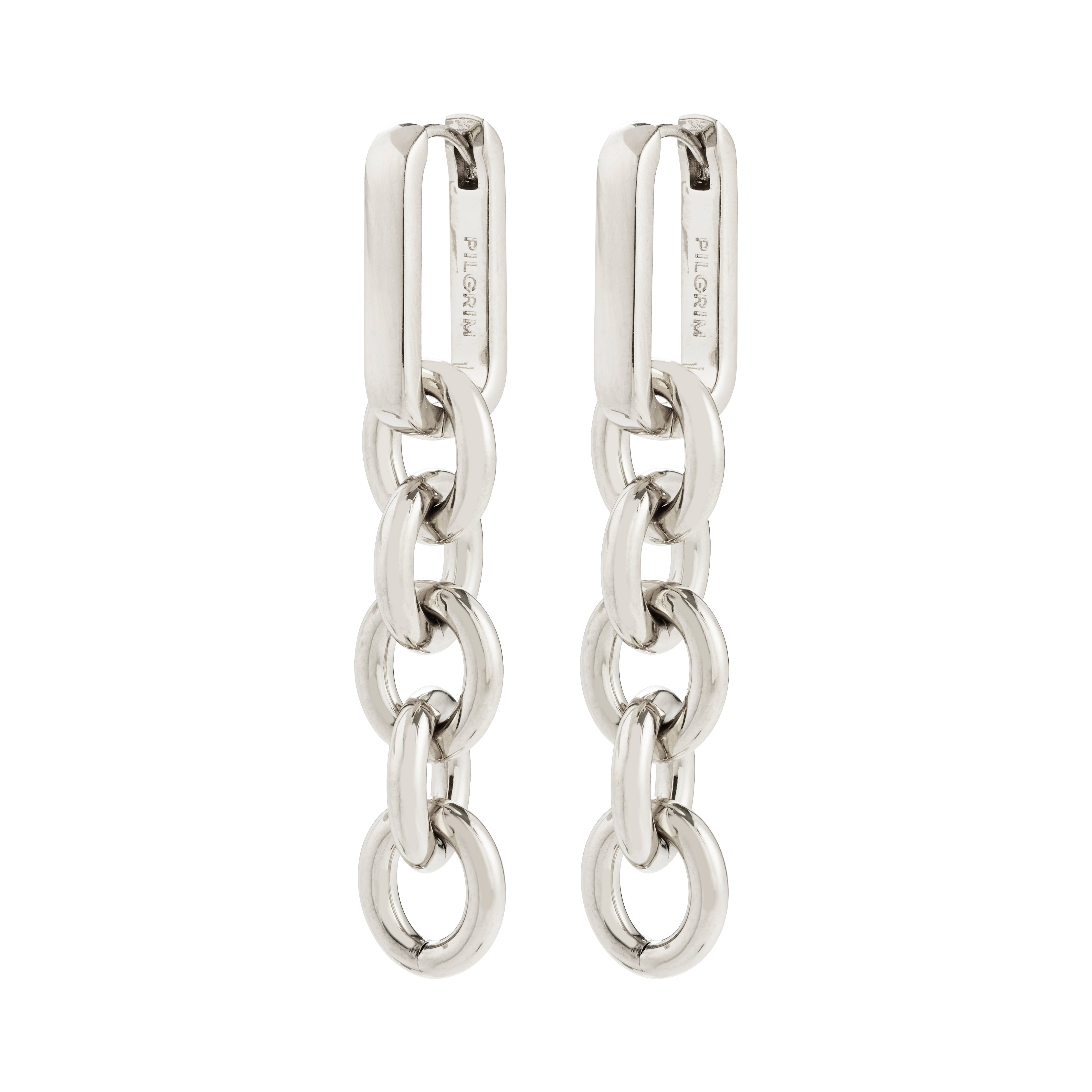 PHASE earrings silver-plated with rectangular tops engraved PILGRIM, featuring three interlocking round links, combining urban style with classic elegance. Crafted from 99% recycled material.