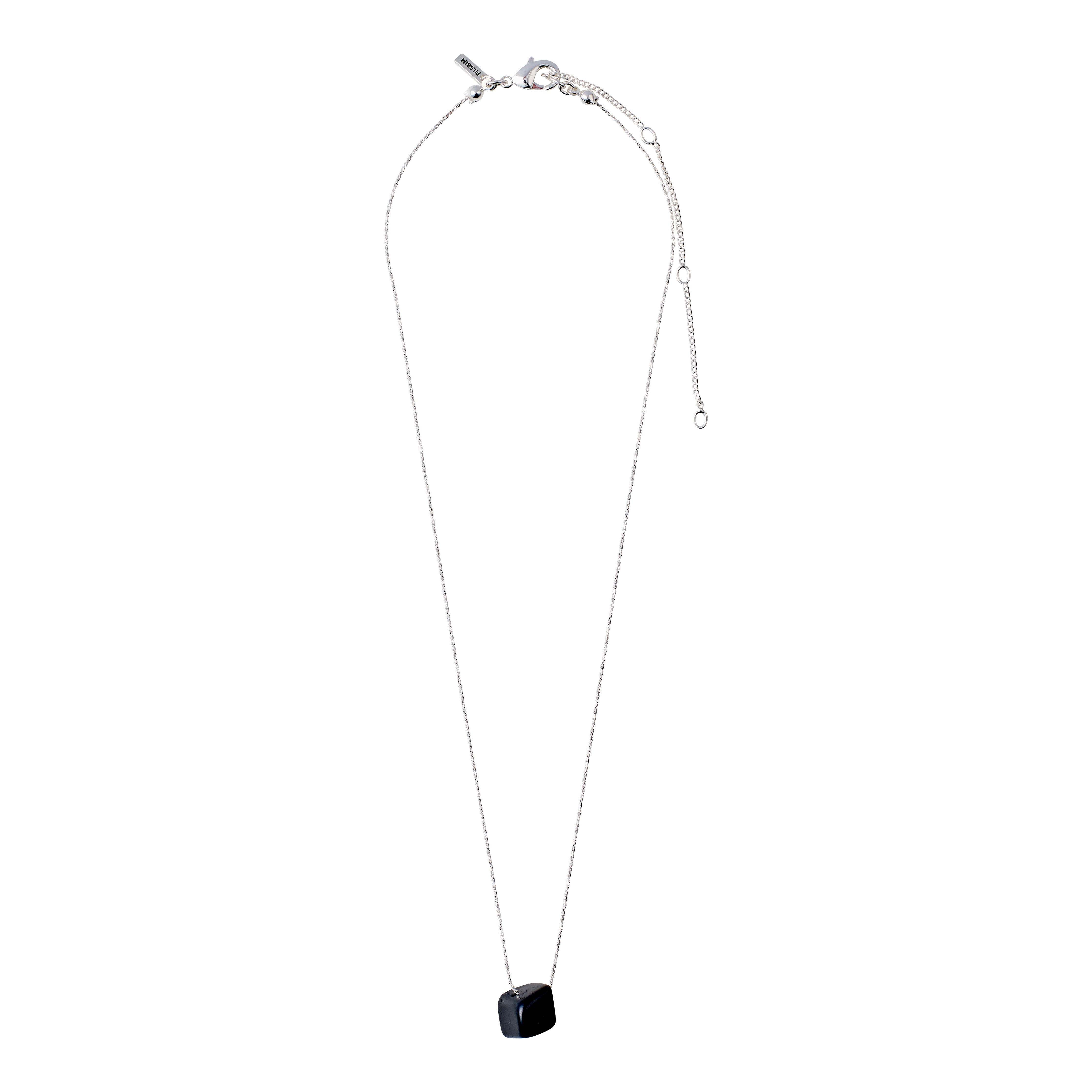 CHAKRA Black Agate necklace silver-plated, featuring a black cube pendant on a silver chain, offering grounding energy with a 40 cm length and 9 cm extension.