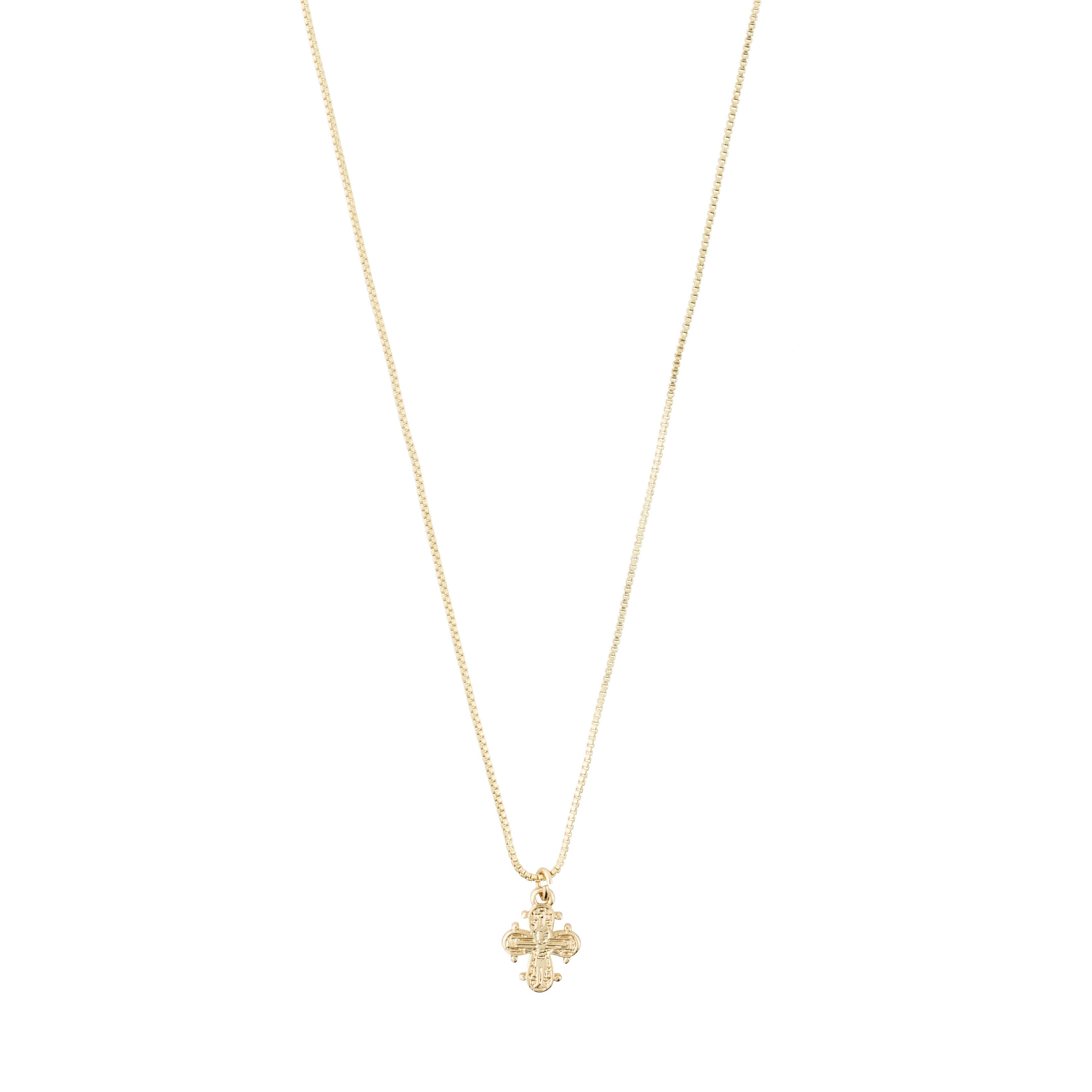 DAGMAR mini pendant necklace, gold-plated, featuring a delicate Dagmar Cross on a fine box chain, crafted from 99% recycled materials.