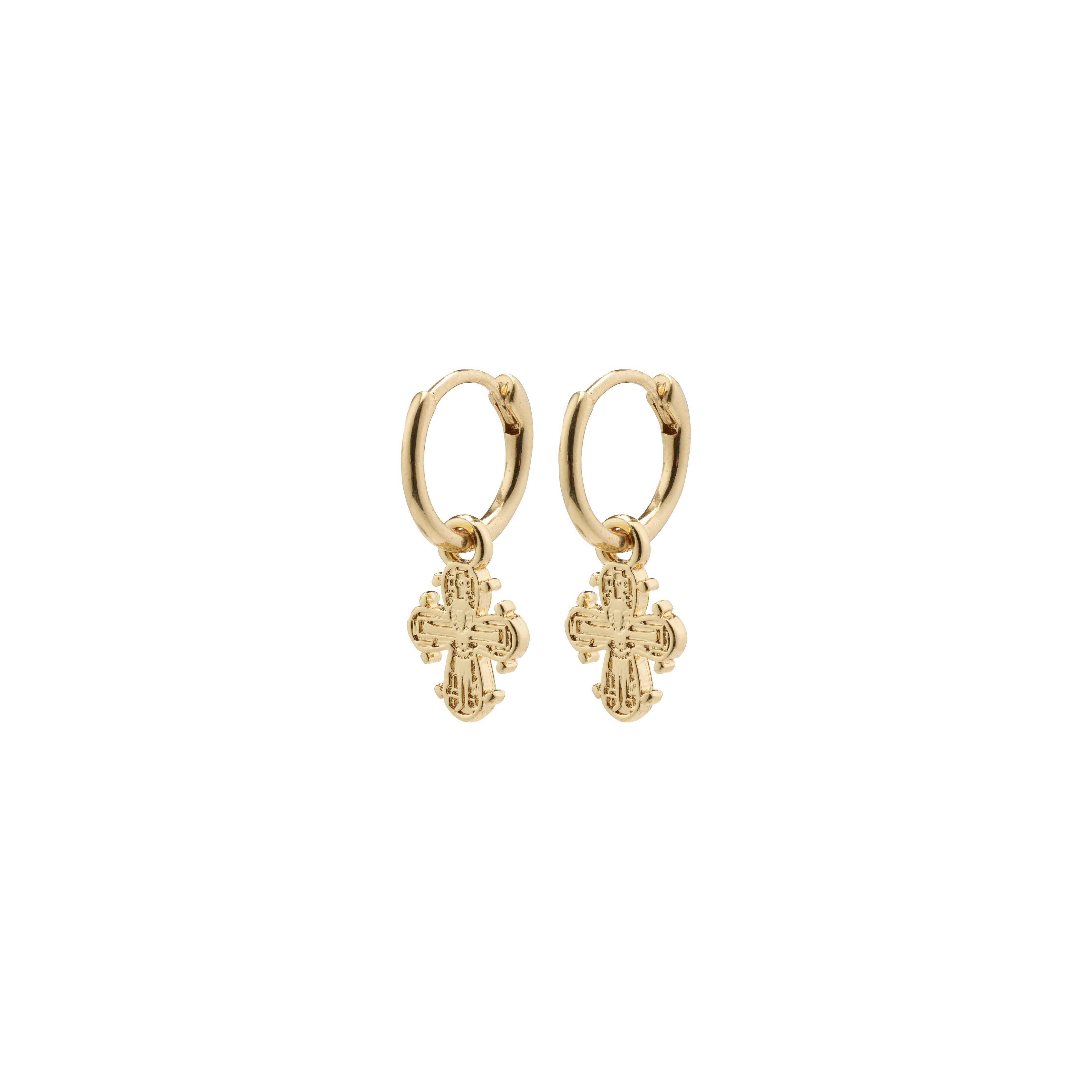 DAGMAR huggie hoop earrings, gold-plated, featuring mini Dagmar Crosses, crafted from 99% recycled material for a modern, elegant style.