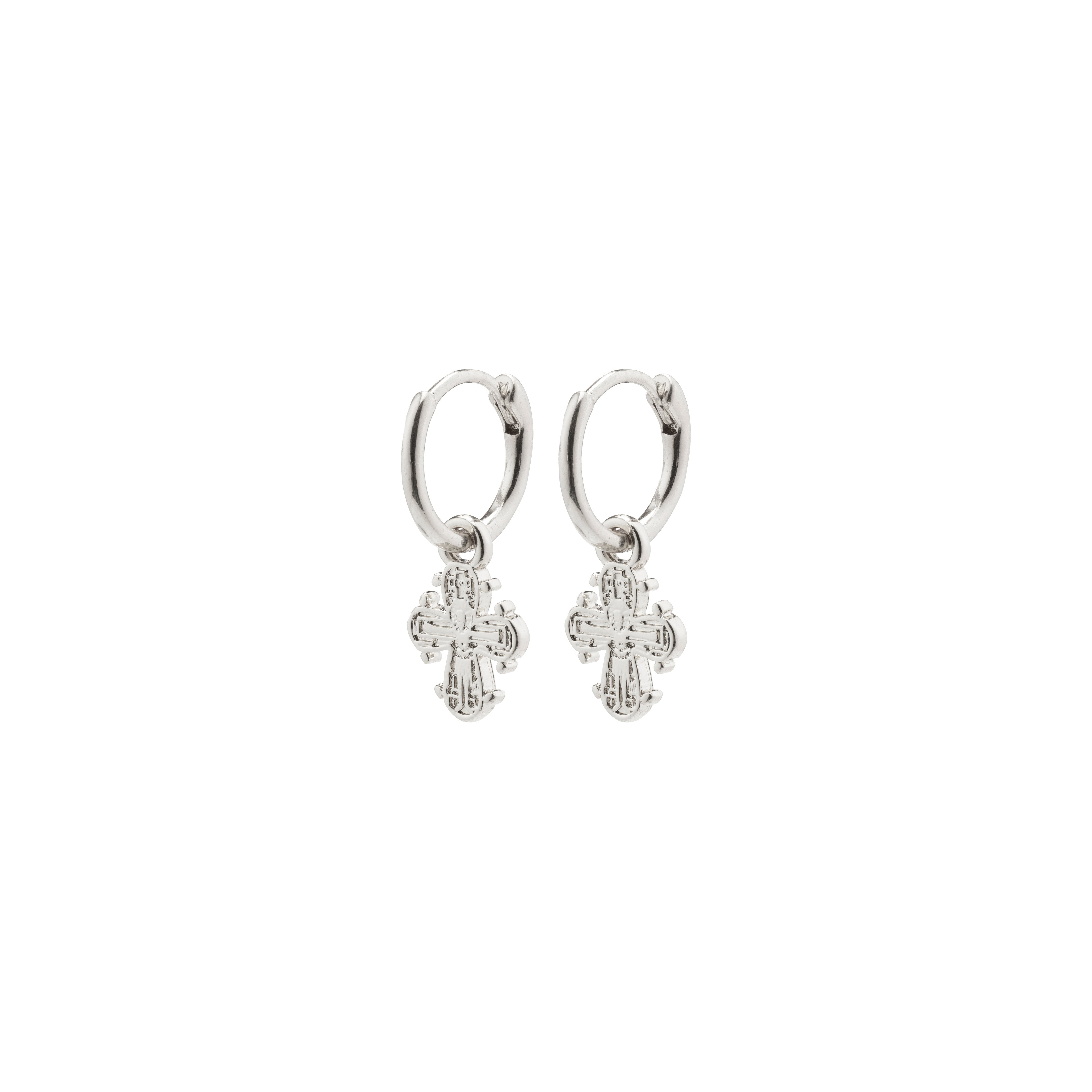 DAGMAR huggie hoop earrings, silver-plated, featuring mini Dagmar Crosses, crafted from 99% recycled material, offering a modern twist on a Danish classic.