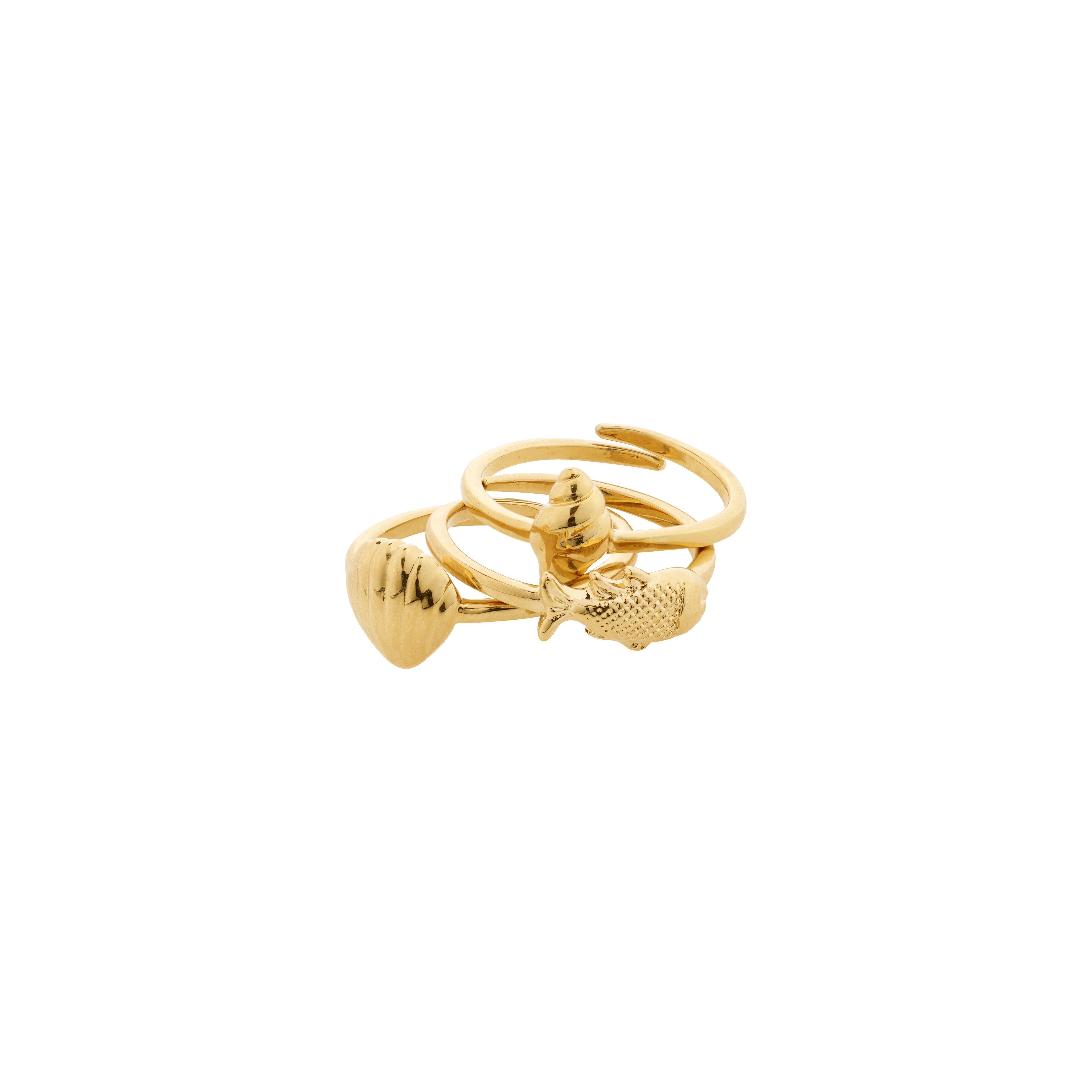 BREEZE rings 3-in-1 set gold-plated, featuring seashell, conch, and fish charms, designed for a stacked look with adjustable sizes for summer style.