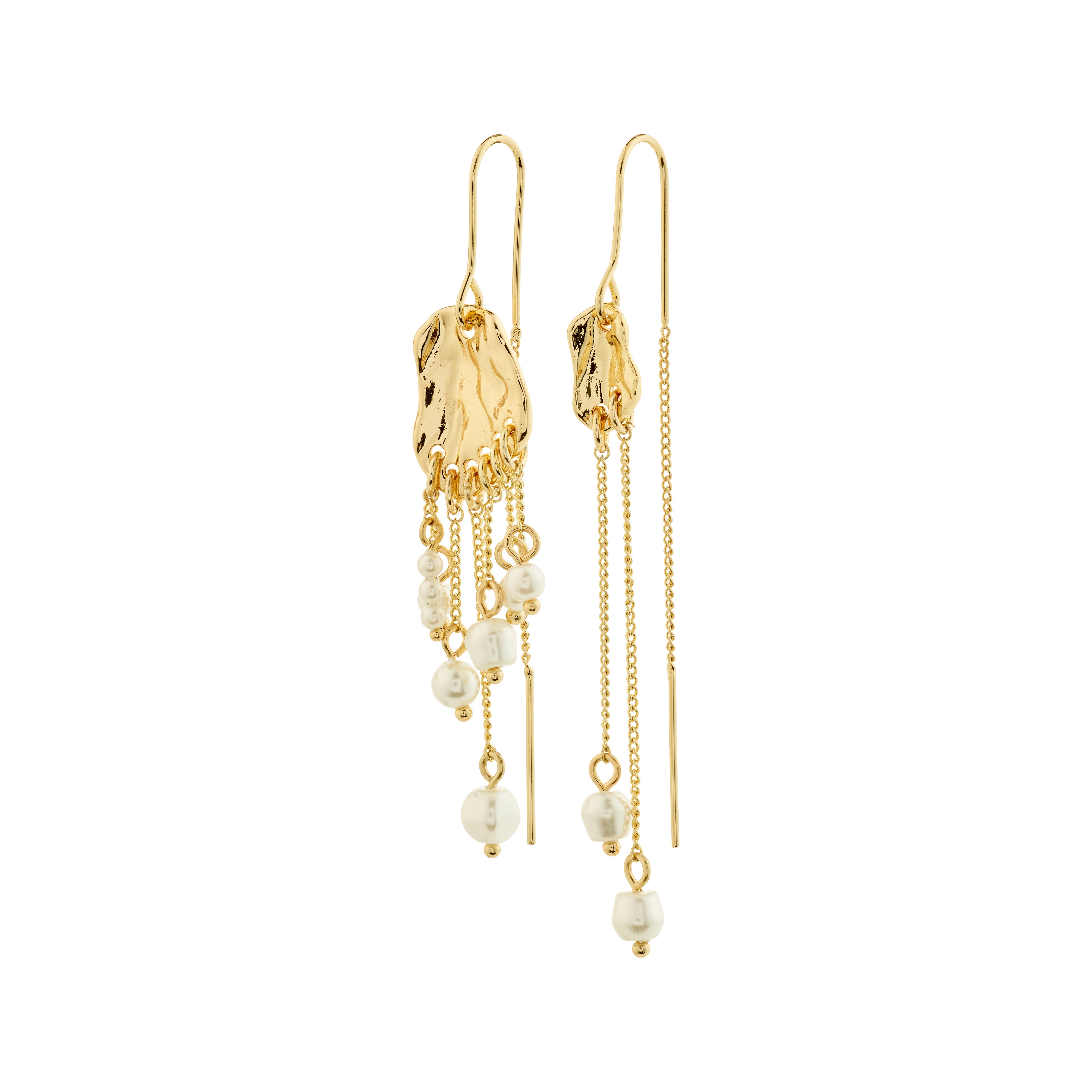 BREEZE chain earrings gold-plated, featuring asymmetric chains with gold-plated charms and freshwater pearls, capturing oceanic movement for a bohemian-chic look.
