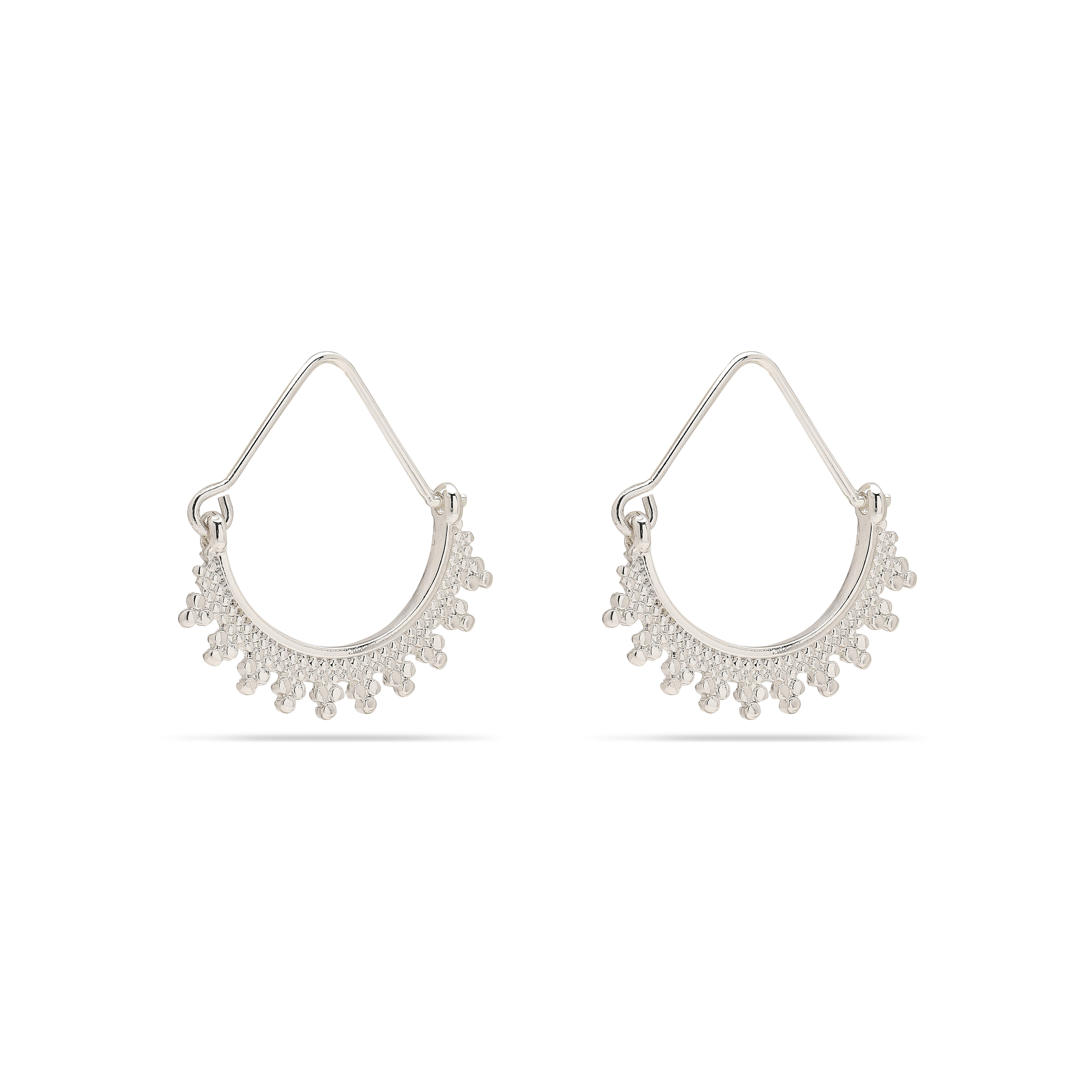 KIKU half hoop earrings, silver-plated, featuring Asian-inspired beaded design, elegantly hanging from hooks, adding a bohemian touch to your style.