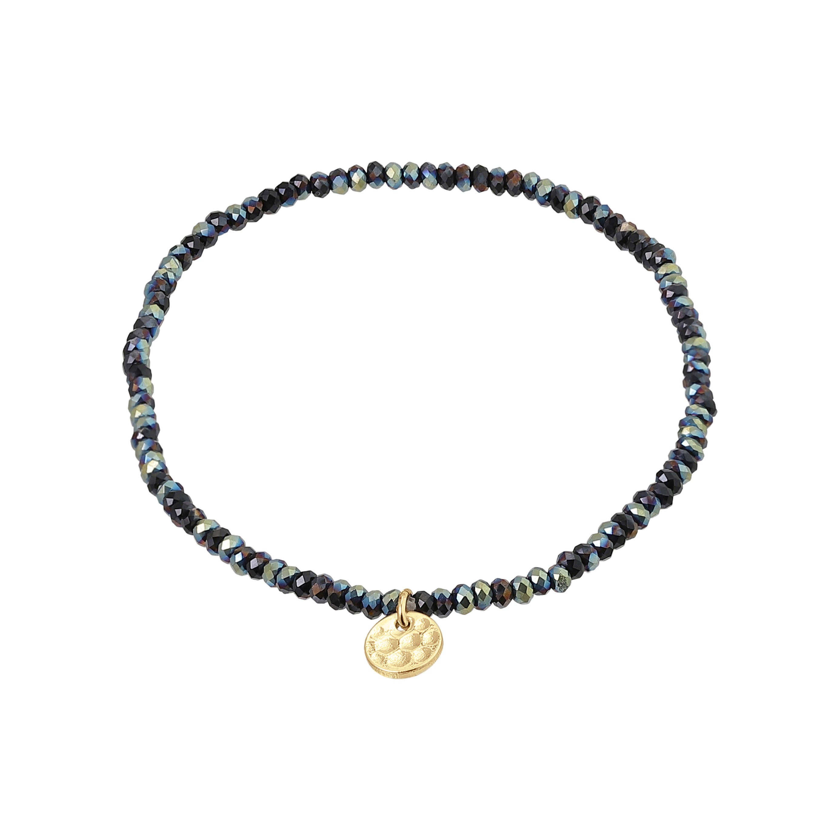 INDIE bracelet in dark grey with faceted glass beads and a subtle gold-plated Pilgrim logo charm, strung on durable Lycra elastic for versatile wear.