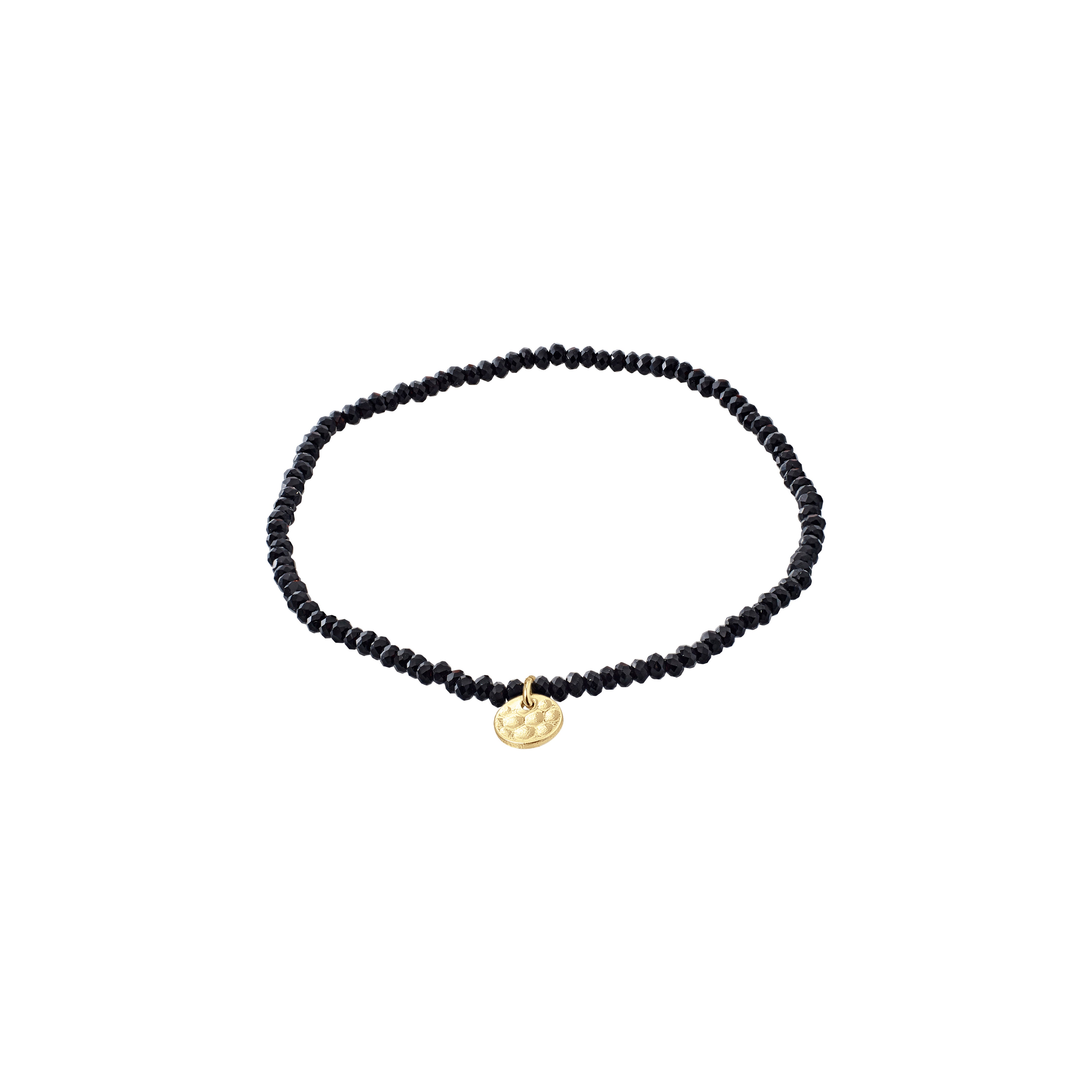 INDIE bracelet black, gold-plated: Black beaded bracelet with a gold pendant, featuring faceted glass beads and a discreet Pilgrim logo, crafted for versatile style.