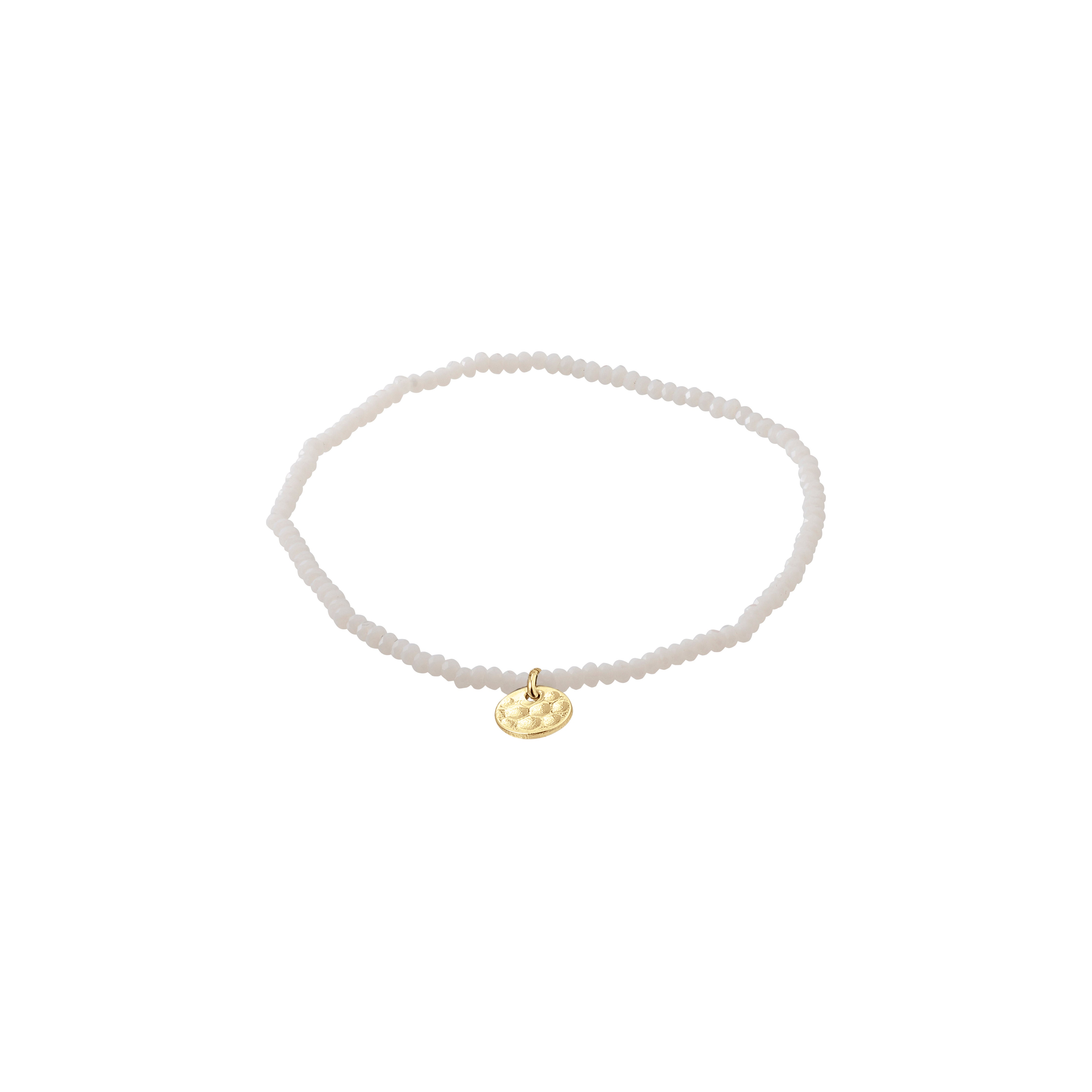 INDIE bracelet: white beaded design with a gold-plated disc pendant, crafted from faceted glass beads, strung on Lycra elastic, fitting most wrists.