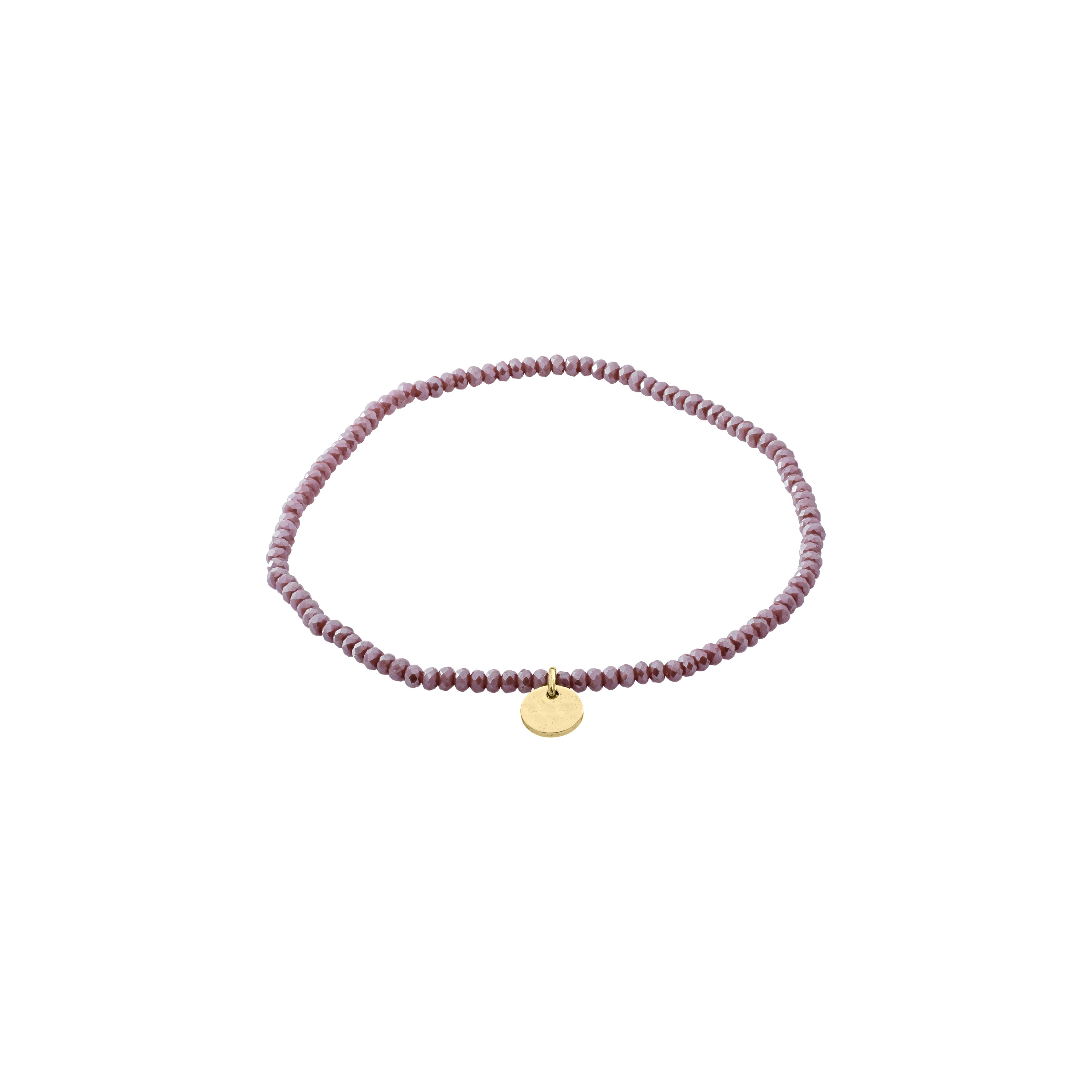 INDIE bracelet purple with gold-plated Pilgrim logo, featuring small faceted glass beads strung on durable Lycra, fits most wrists at 17 cm.