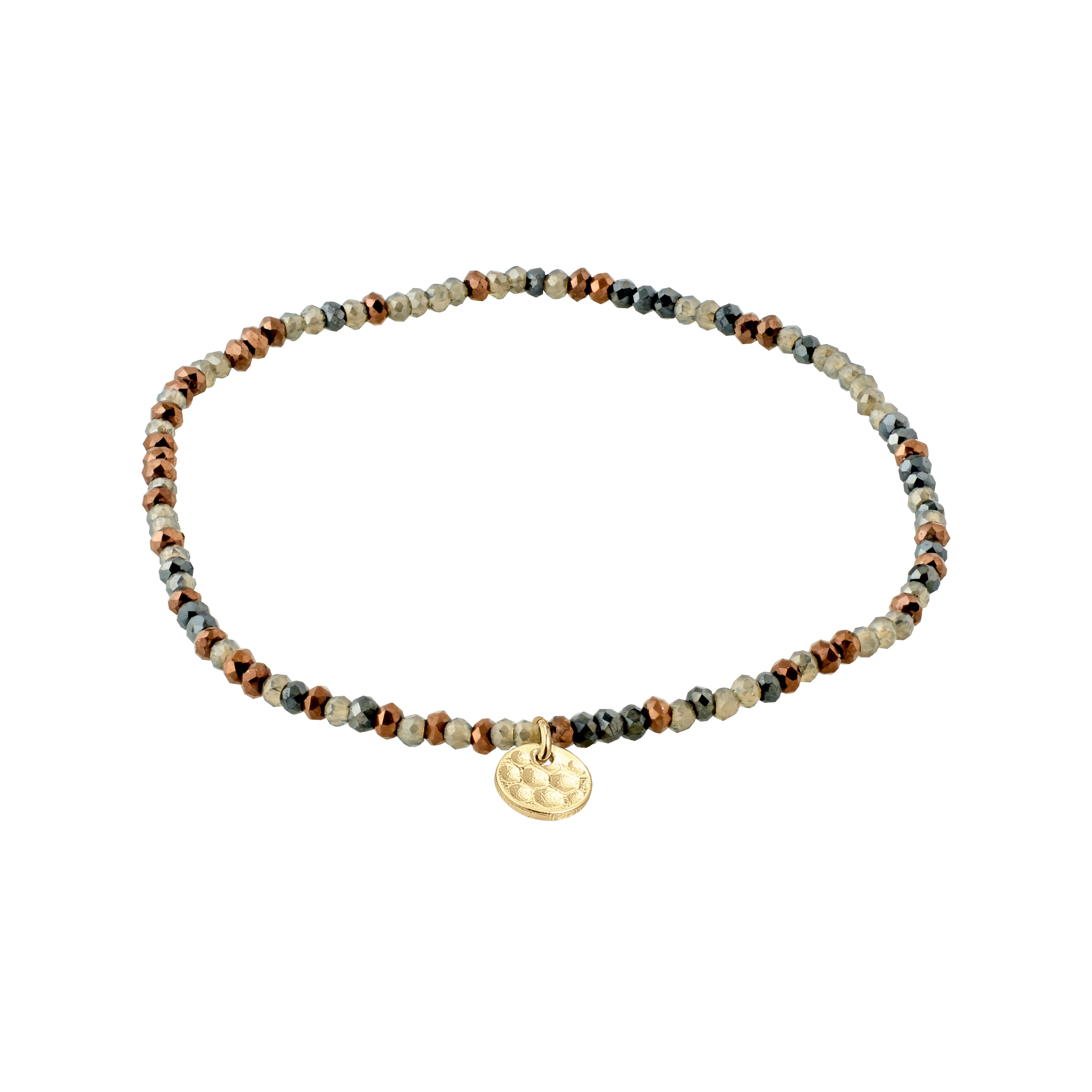 INDIE bracelet grey, gold-plated, featuring small faceted glass beads and a discreet gold-plated Pilgrim logo, strung on durable Lycra elastic for versatile wear.