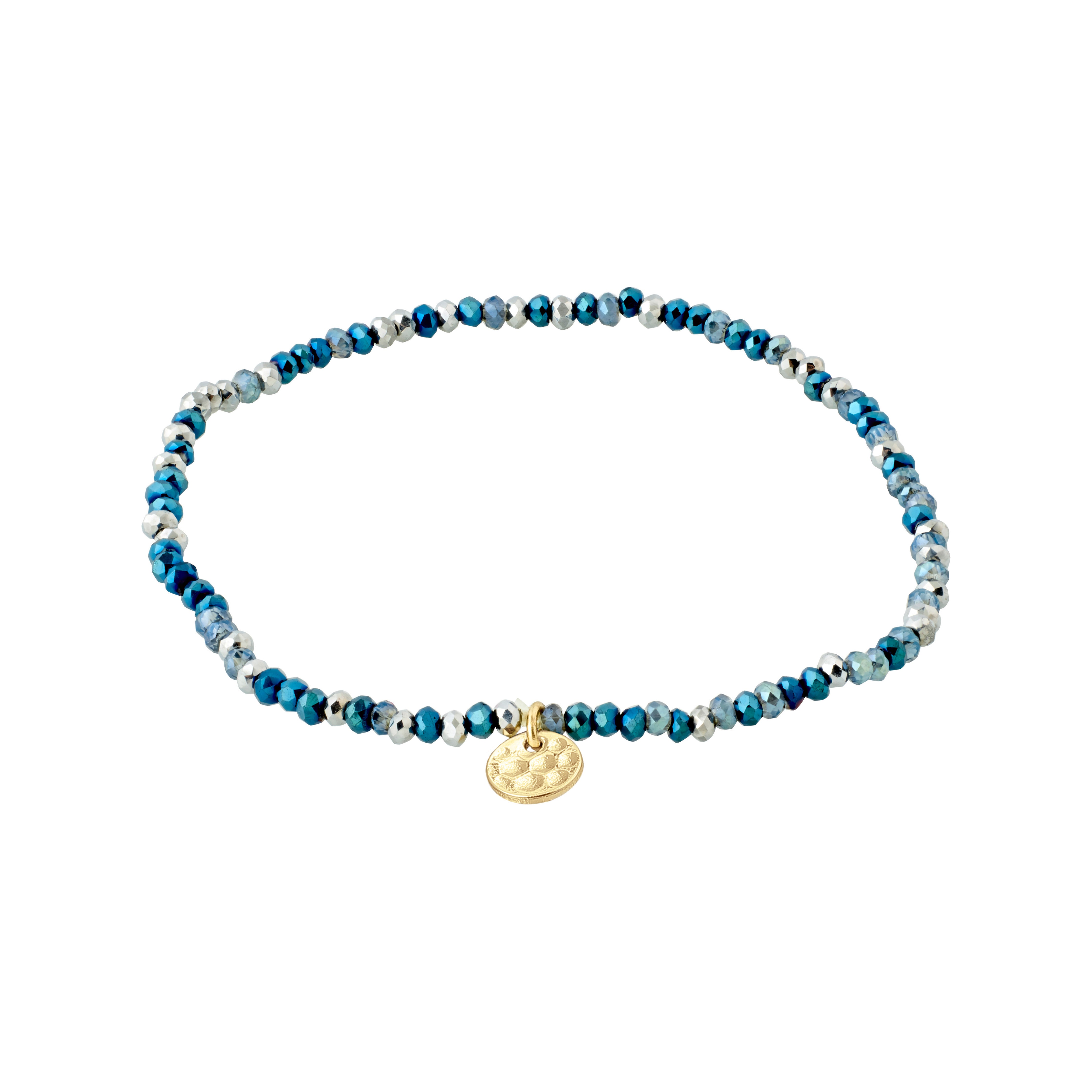 INDIE bracelet featuring blue faceted glass beads and a discreet gold-plated Pilgrim logo, strung on durable Lycra elastic for a flexible fit.