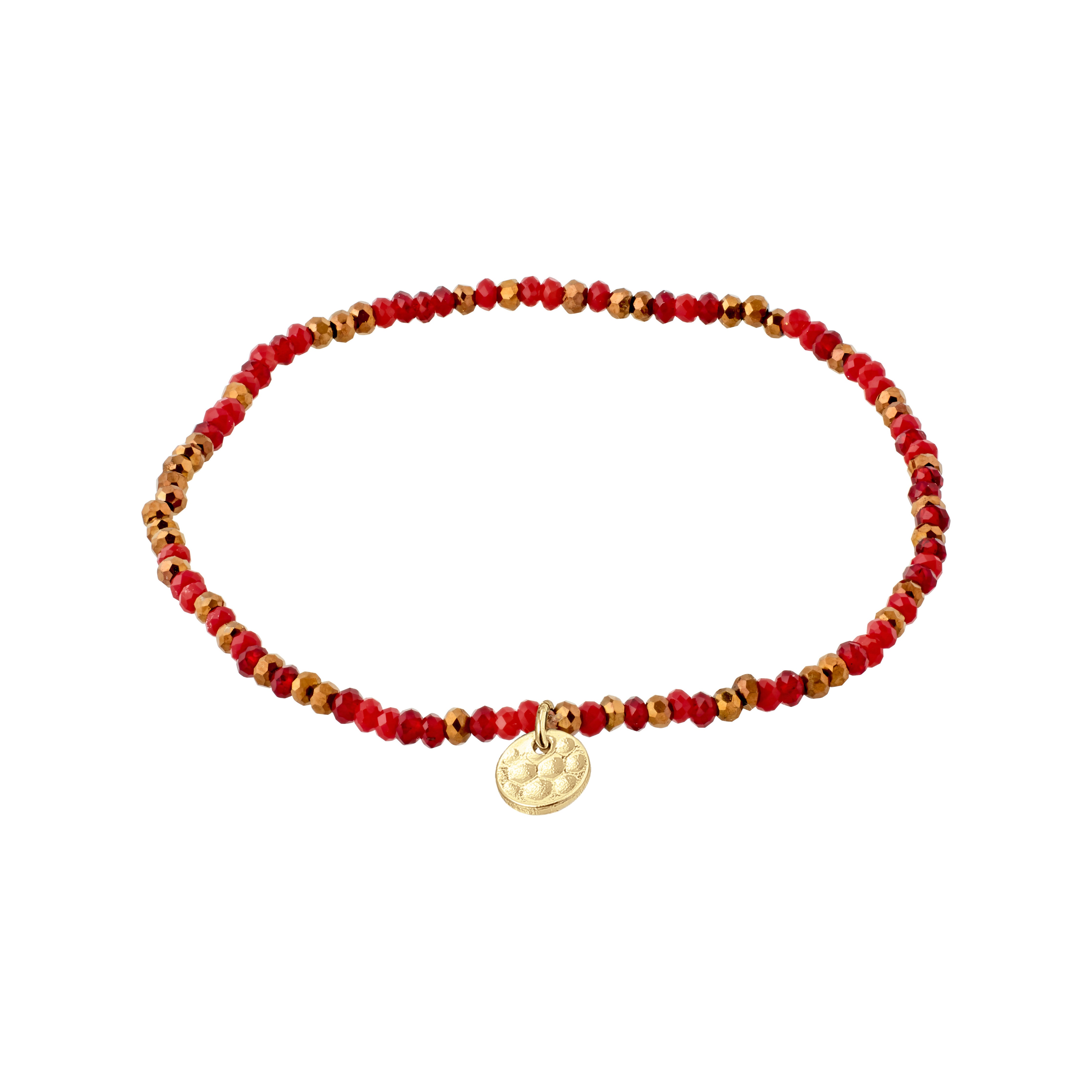 INDIE bracelet red, gold-plated, features red faceted glass beads and a discreet gold-plated Pilgrim logo, strung on durable Lycra elastic for a versatile fit.