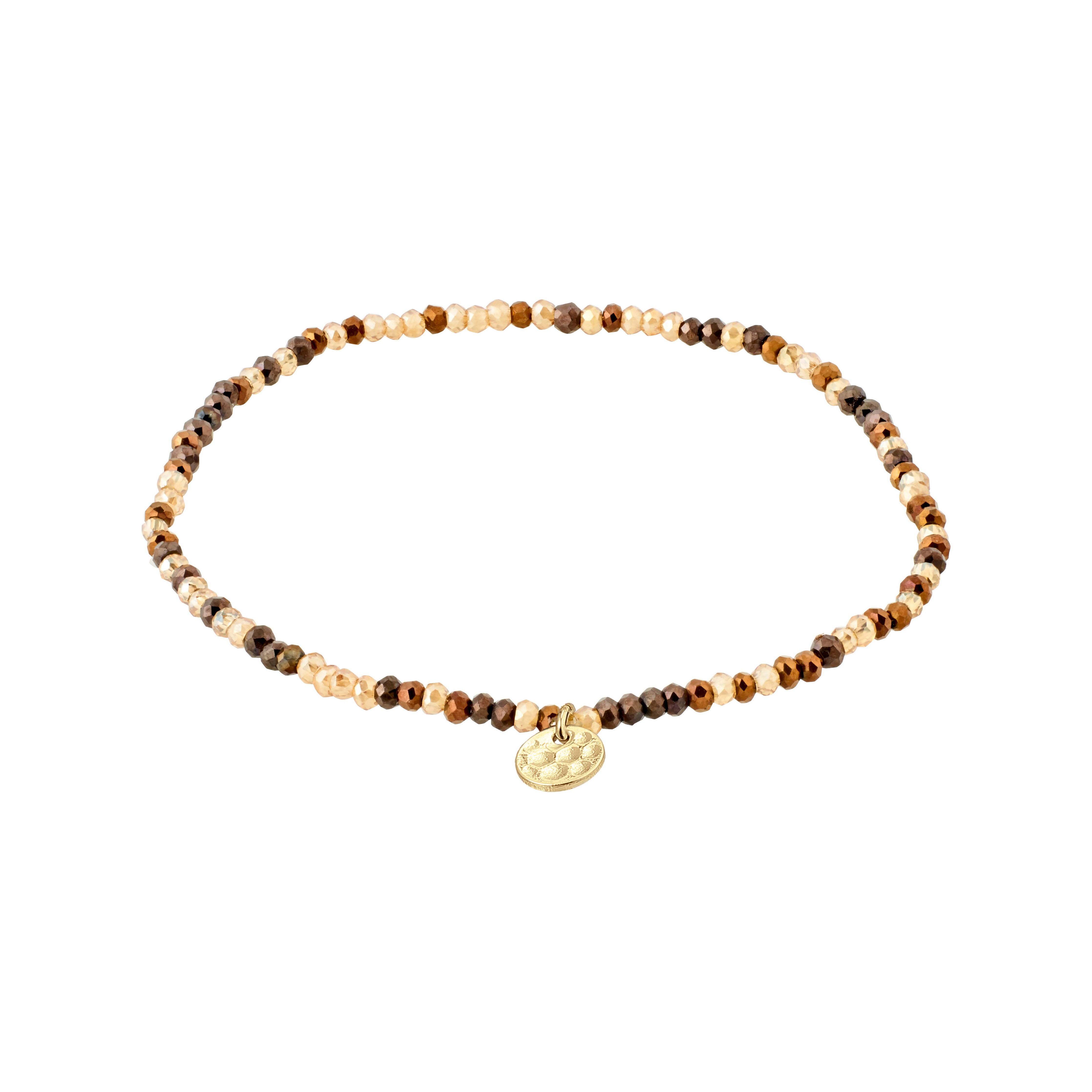 INDIE bracelet brown, gold-plated, featuring faceted glass beads and a discreet Pilgrim logo charm, strung on durable elastic for a stylish, versatile accessory.