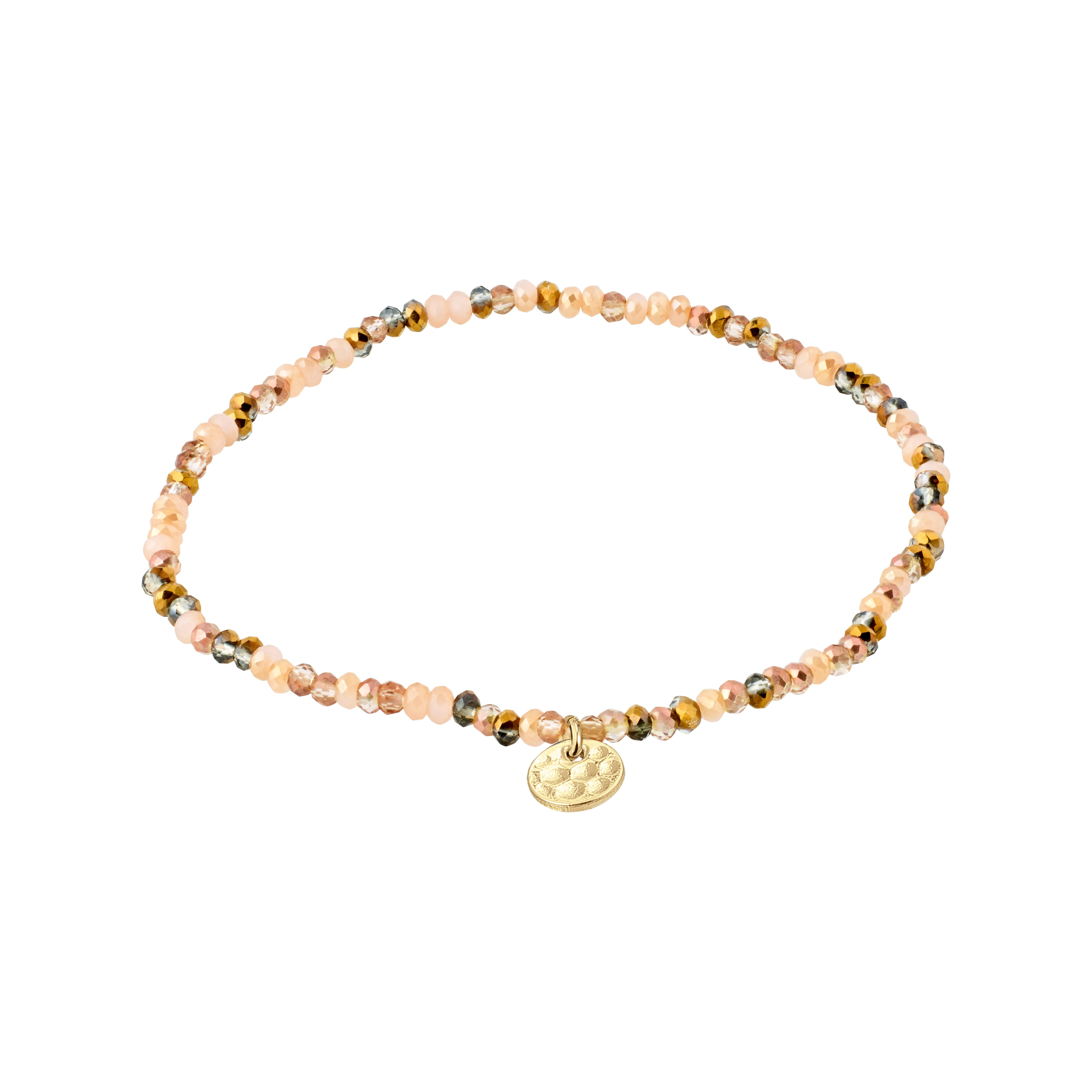 INDIE bracelet featuring faceted beige glass beads and a gold-plated Pilgrim logo charm, strung on durable elastic for a comfortable fit.