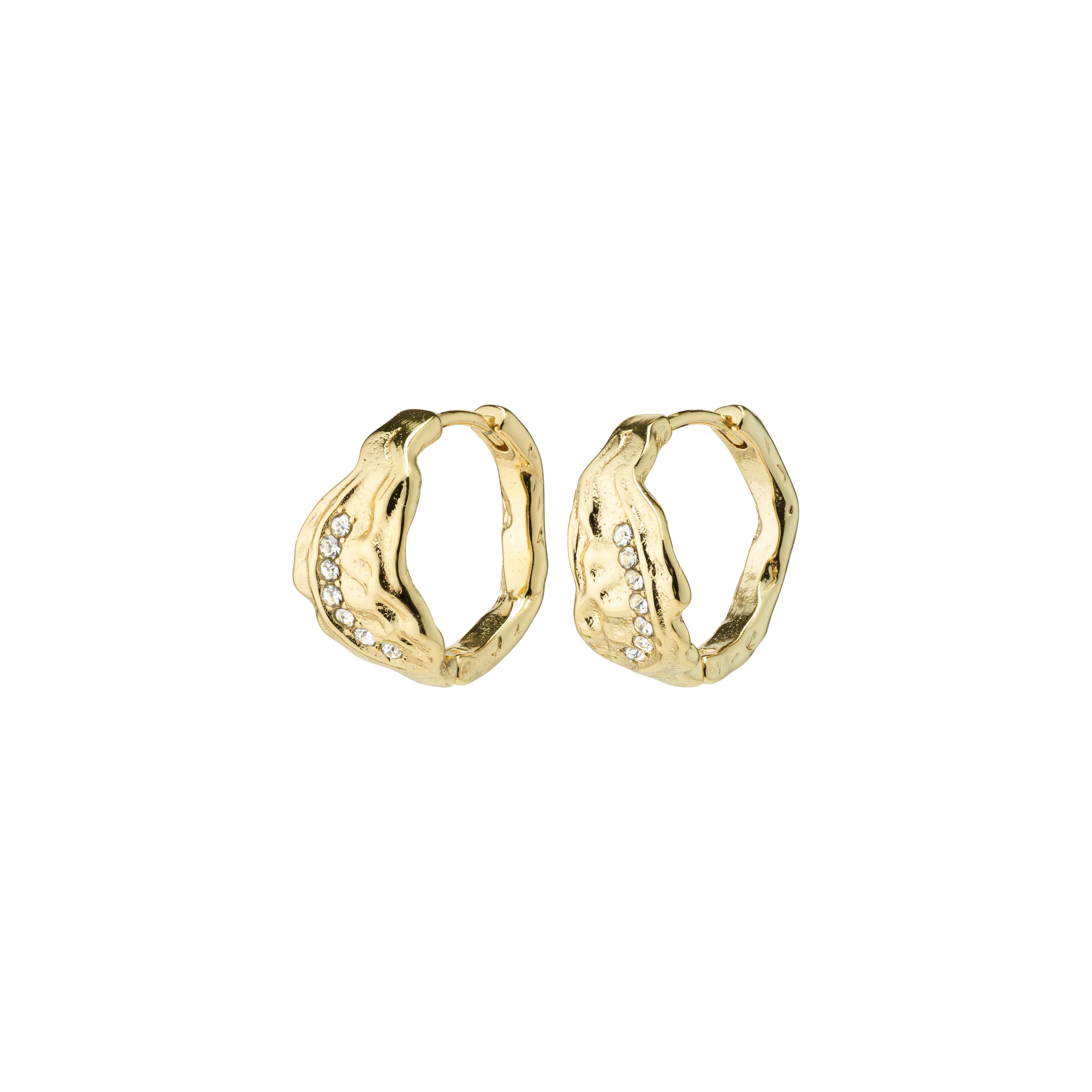 PIA organic shape crystal hoop earrings, gold-plated, featuring asymmetrical, nature-inspired design with Preciosa crystals for added shine and exclusivity.