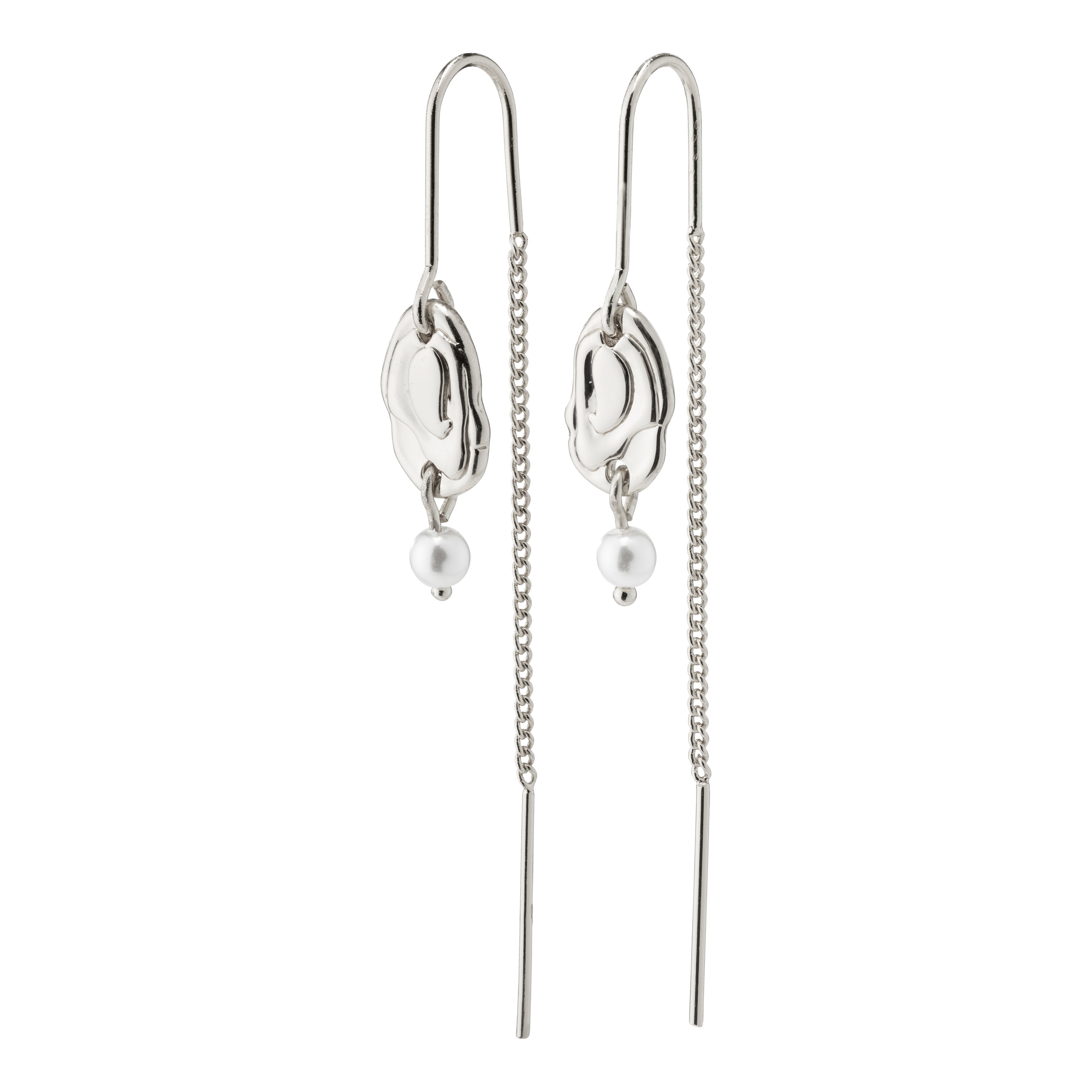 EMILIE chain earrings silver-plated with sleek chain design and pearl accents, inspired by nature's raw elegance, perfect for trendy, feminine autumn looks.