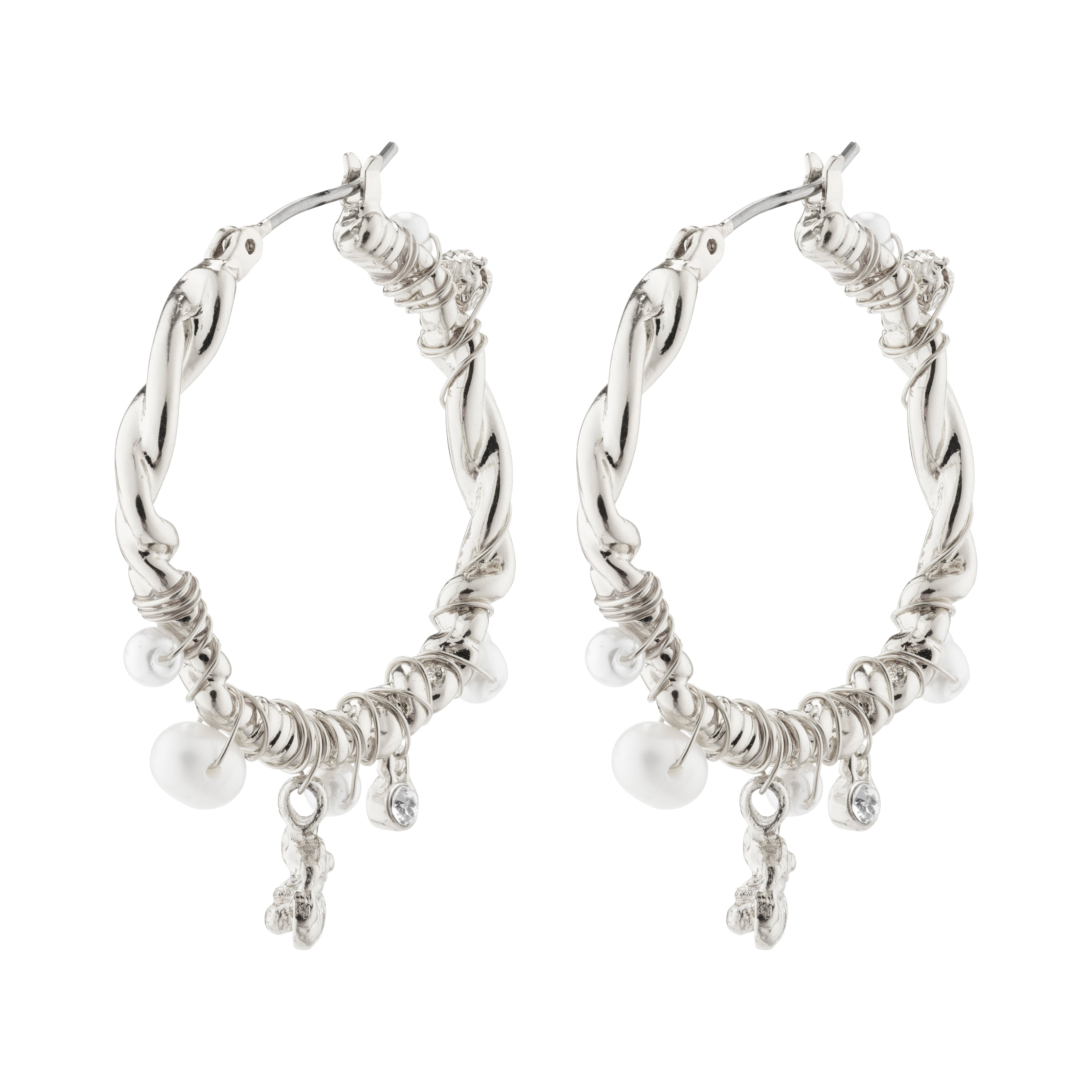Silver-plated ANA hoops with twisted design, featuring freshwater pearls and Preciosa crystals, embodying a romantic, nature-inspired aesthetic. Ideal for a luxurious, boho look.
