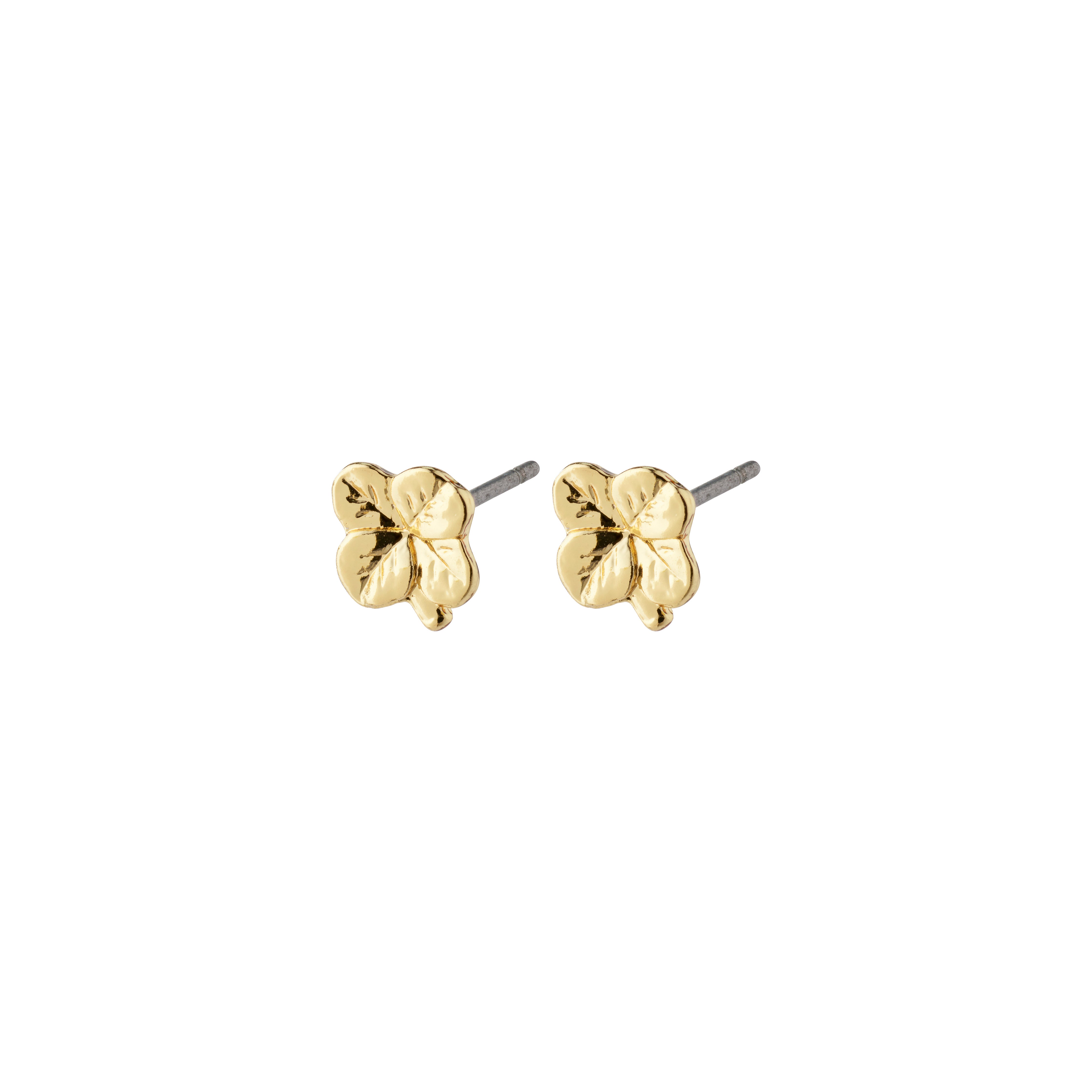 OCTAVIA clover earrings, gold-plated, featuring a four-leaf clover design symbolizing luck. Made from recycled materials, perfect for trendy, everyday wear.