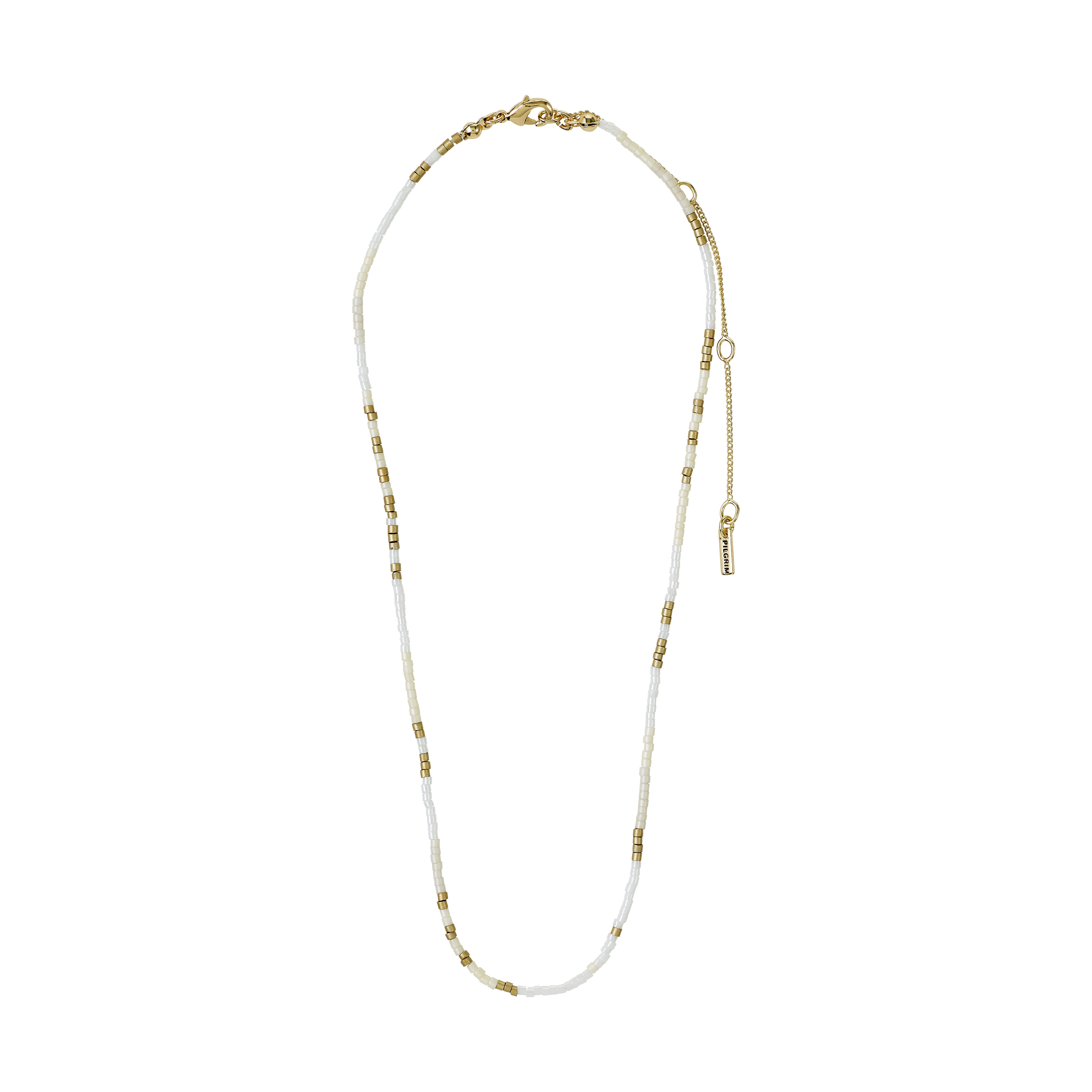 ALISON necklace with white and gold beads, featuring a boho-inspired design and a gold-plated extension chain, perfect for layering and a relaxed festival look.
