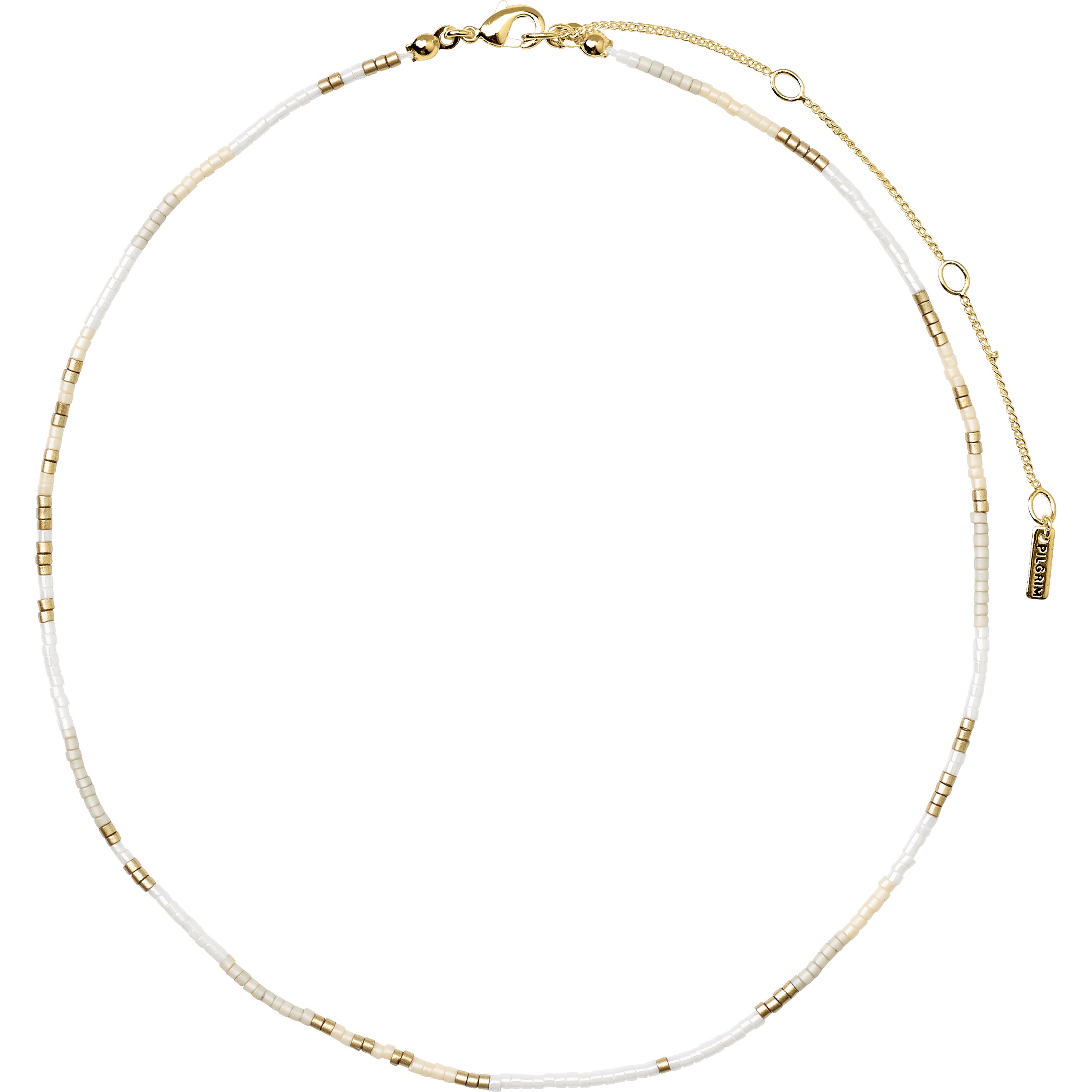Close-up of Pilgrim's ALISON necklace, featuring white and grey glass beads and gold-plated circle pendant, perfect for a layered, boho-inspired look.