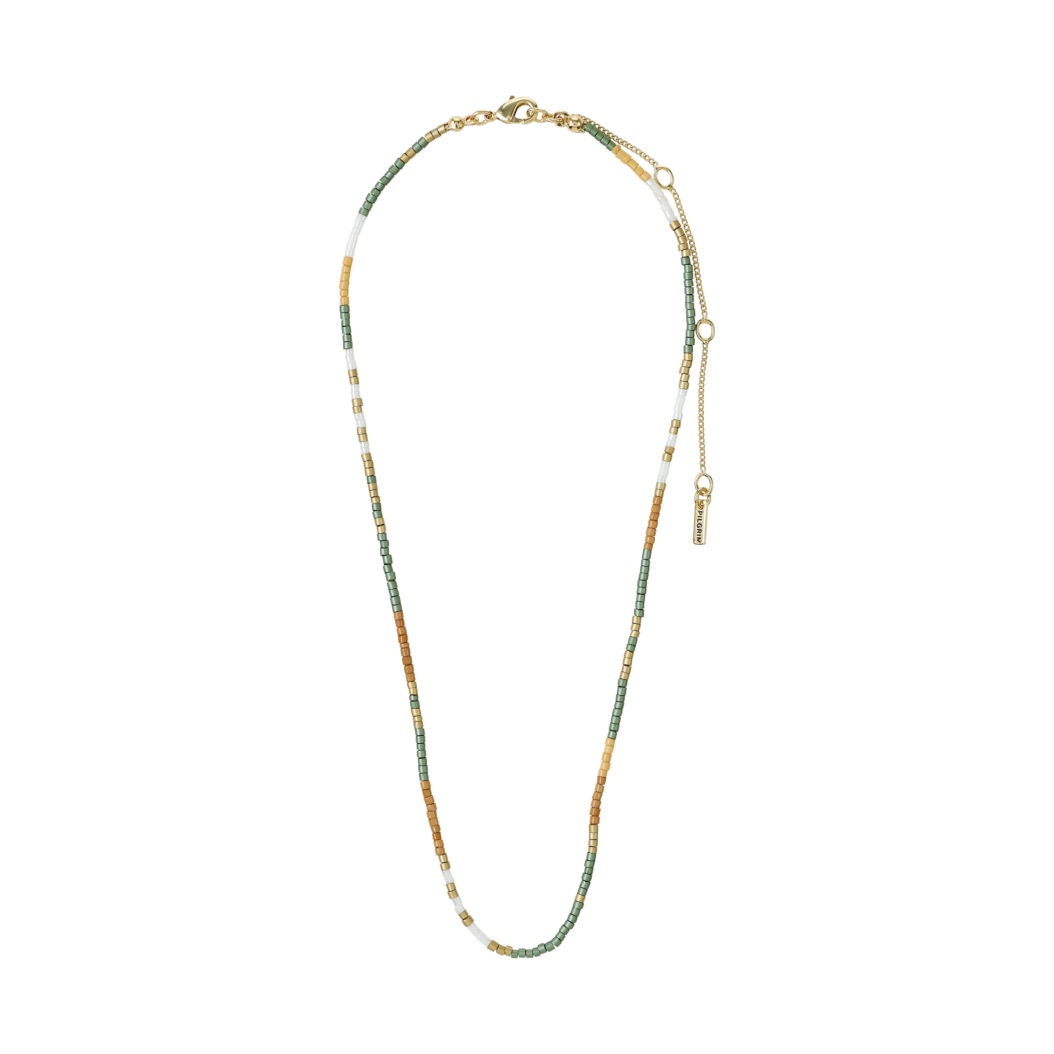 ALISON necklace brown, gold-plated with taupe and grey glass beads, designed for a relaxed, layered style. Perfect for achieving a boho-inspired, effortless summer look.
