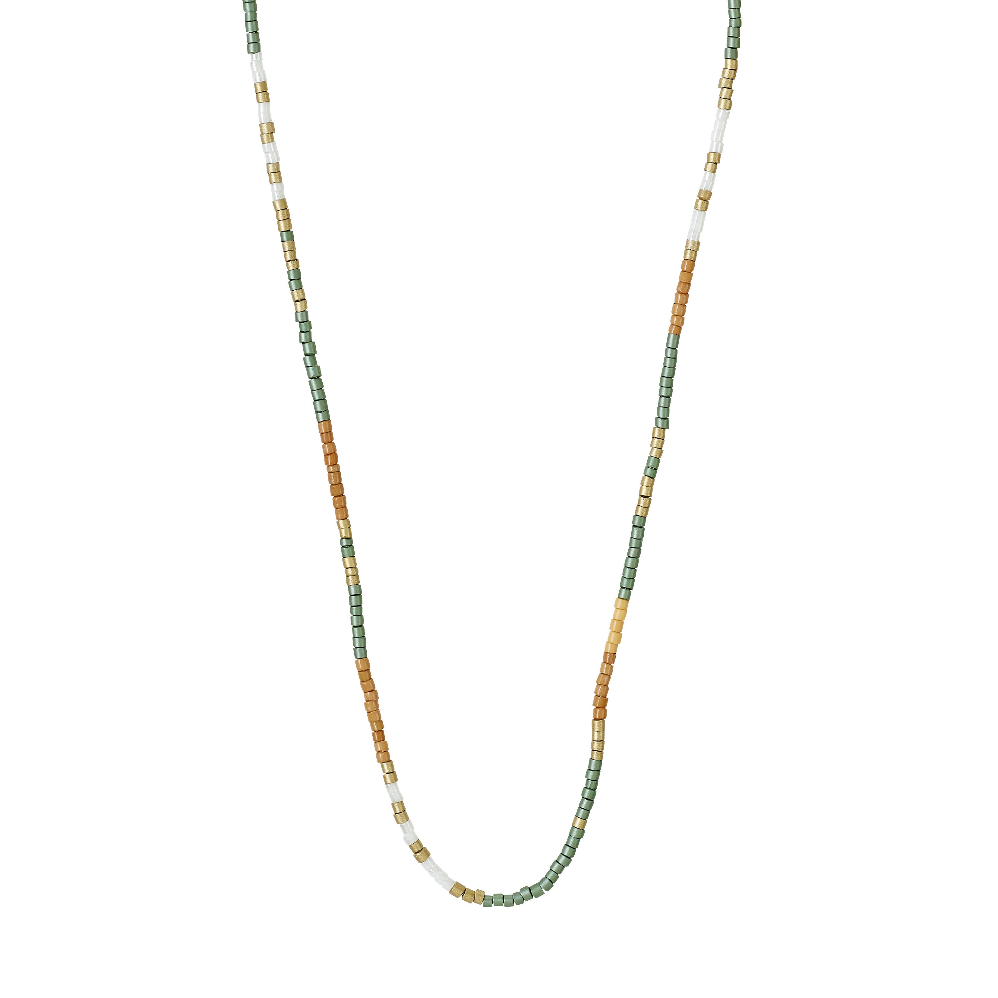 ALISON necklace: multicolored taupe and grey glass beads, gold-plated chain. Boho-inspired, 36 cm, with 9 cm extension for a layered, relaxed look.
