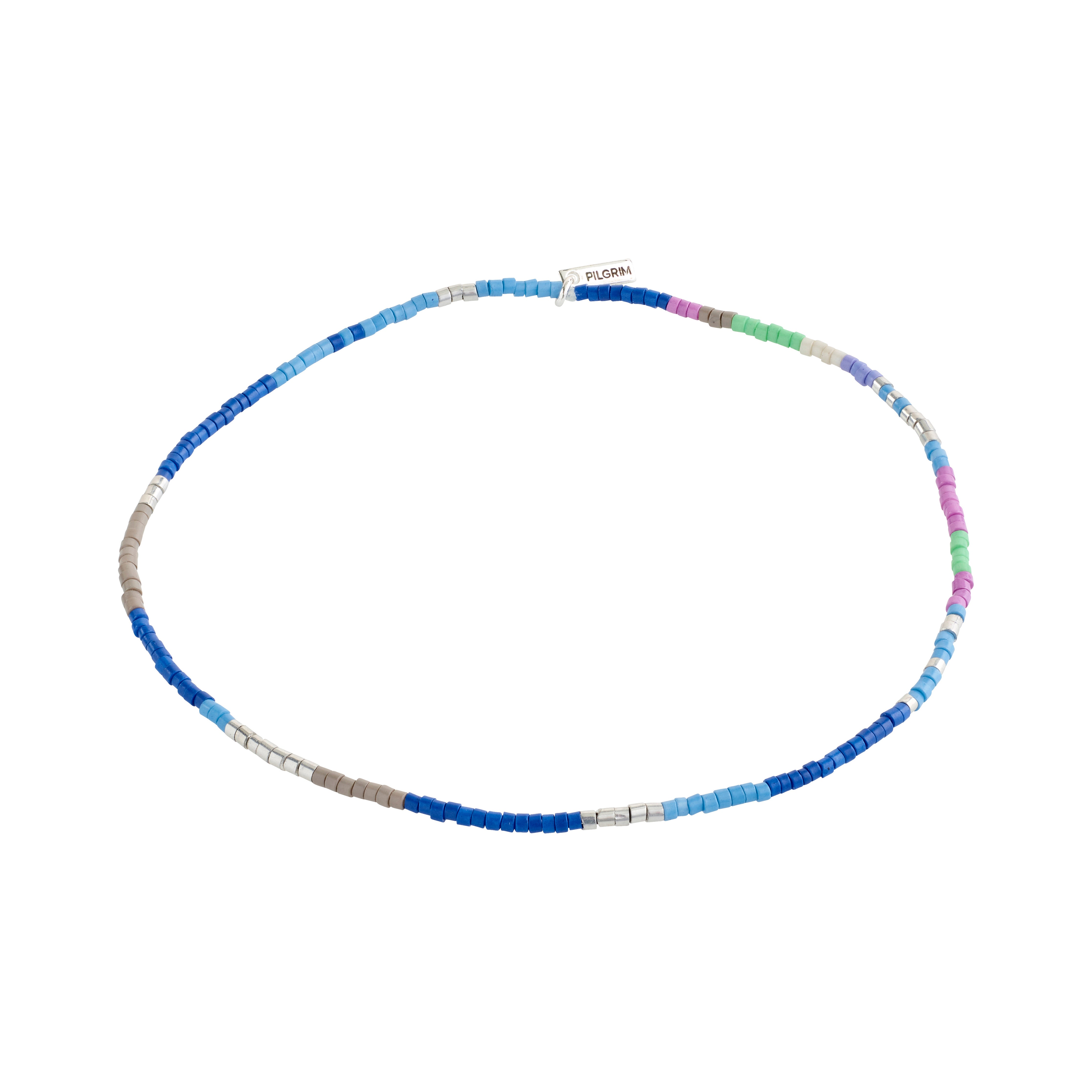ALISON ankle chain blue, silver-plated, with colorful glass beads in silver, grey, and blue, embodying a boho look. Perfect for enhancing summer styles.