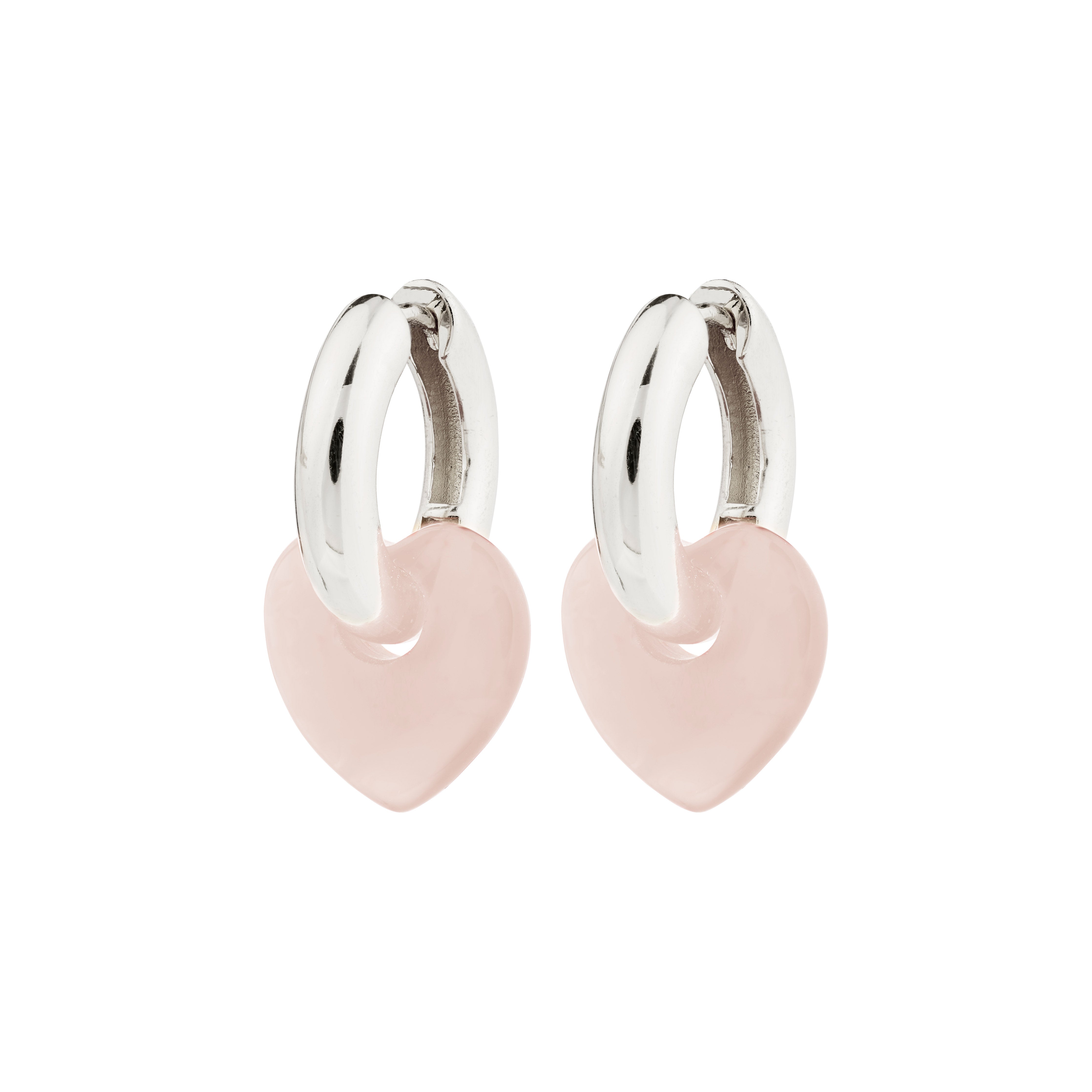 KENDALL earrings silver-plated feature heart-shaped Rose Quartz pendants on chunky hoops, offering a stylish and harmonious accent for any look.