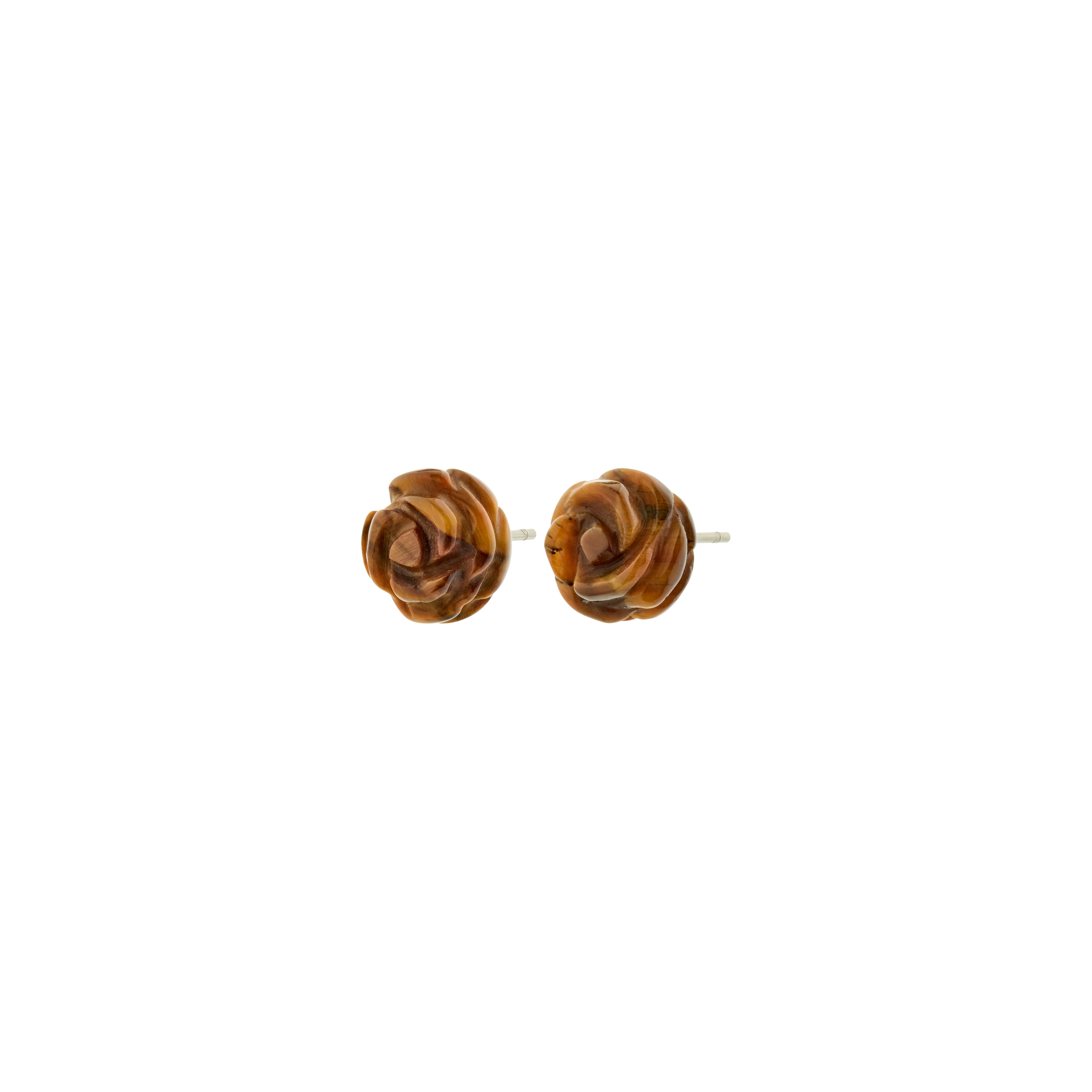 ADEM Tiger Eye earrings with intricately carved rose motifs, embodying nature's elegance and confidence-boosting properties, from Pilgrim's handmade Danish jewelry collection.