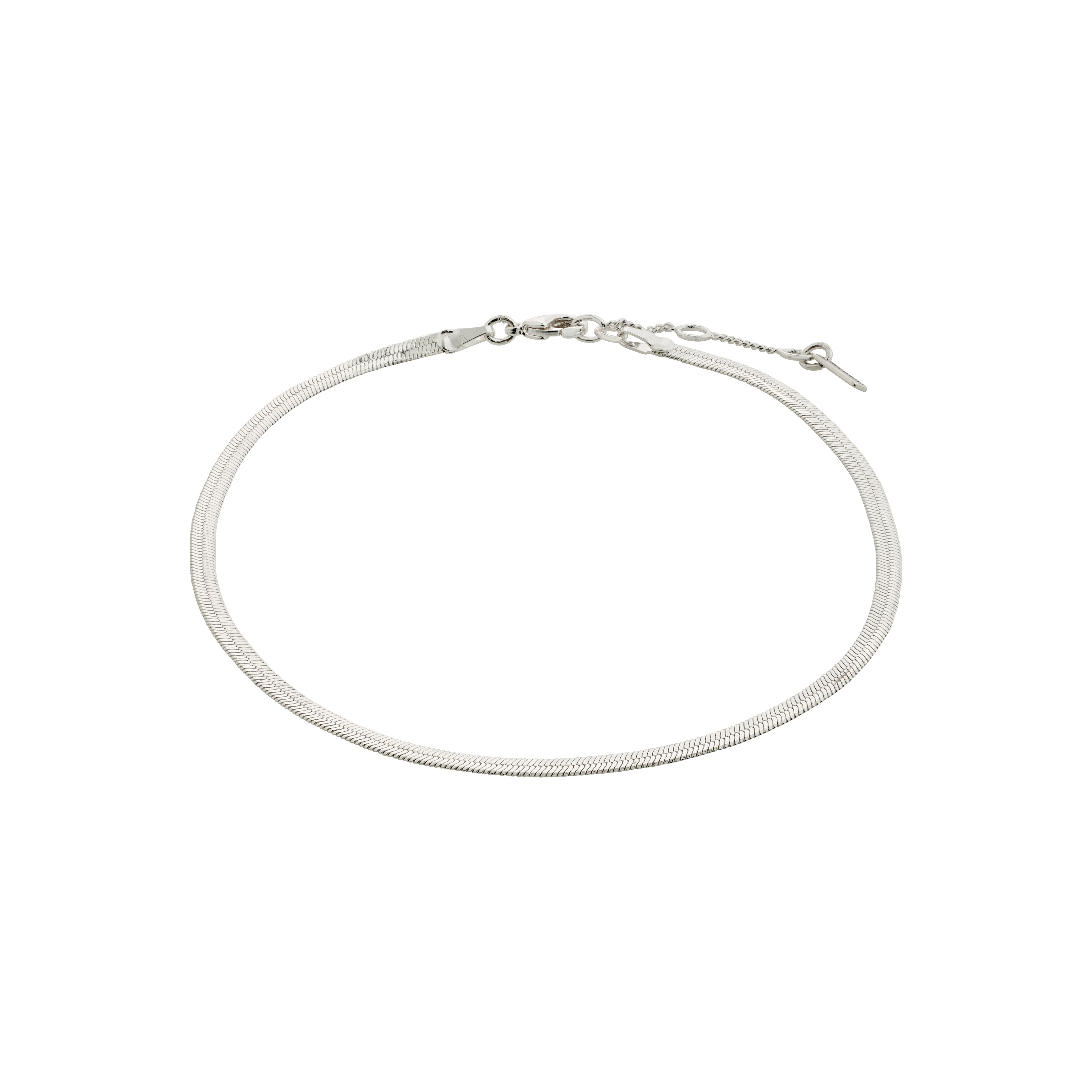 Silver-plated JOANNA anklet, a flat snake chain elegantly wrapping around the ankle, reflecting light beautifully, crafted with 99% recycled material for sustainable summer style.