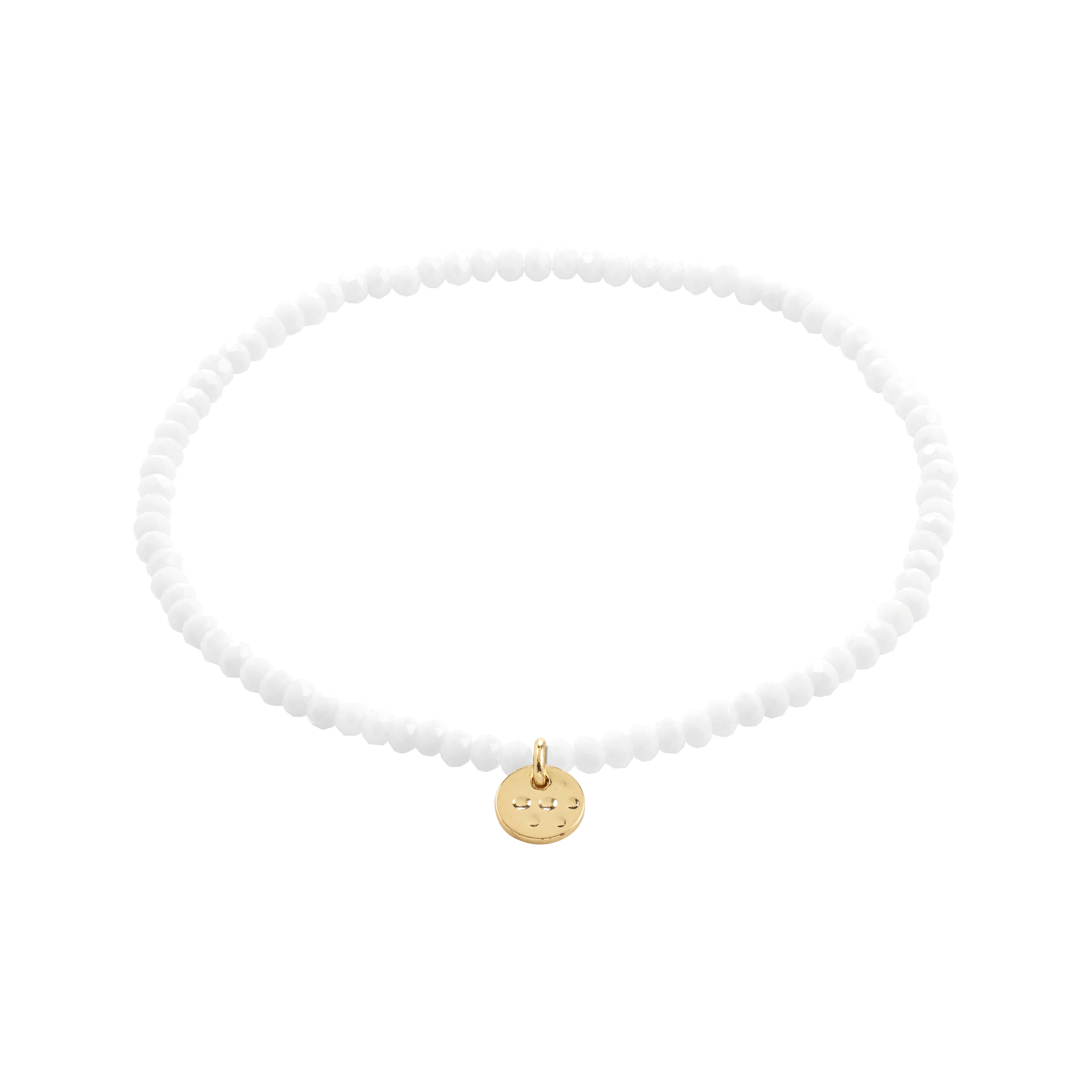 INDIE bracelet white, gold-plated: A simple choker-style piece featuring faceted white beads and a small gold-tone disc charm on elastic for versatile wear.