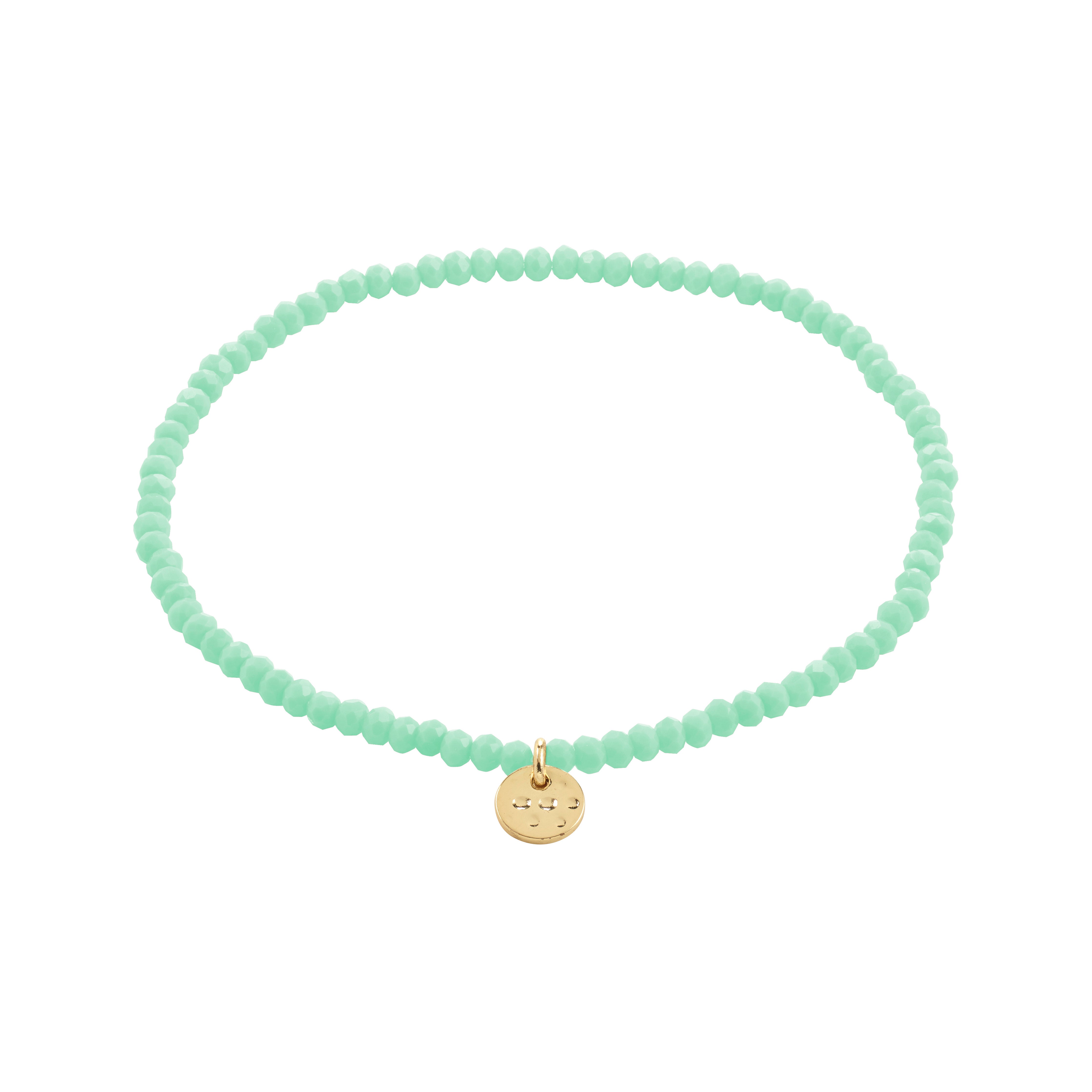 INDIE bracelet with mint-green faceted beads and a gold-tone disc charm, 17 cm stretch, from Pilgrim. Perfect for stacking and enhancing personal style.