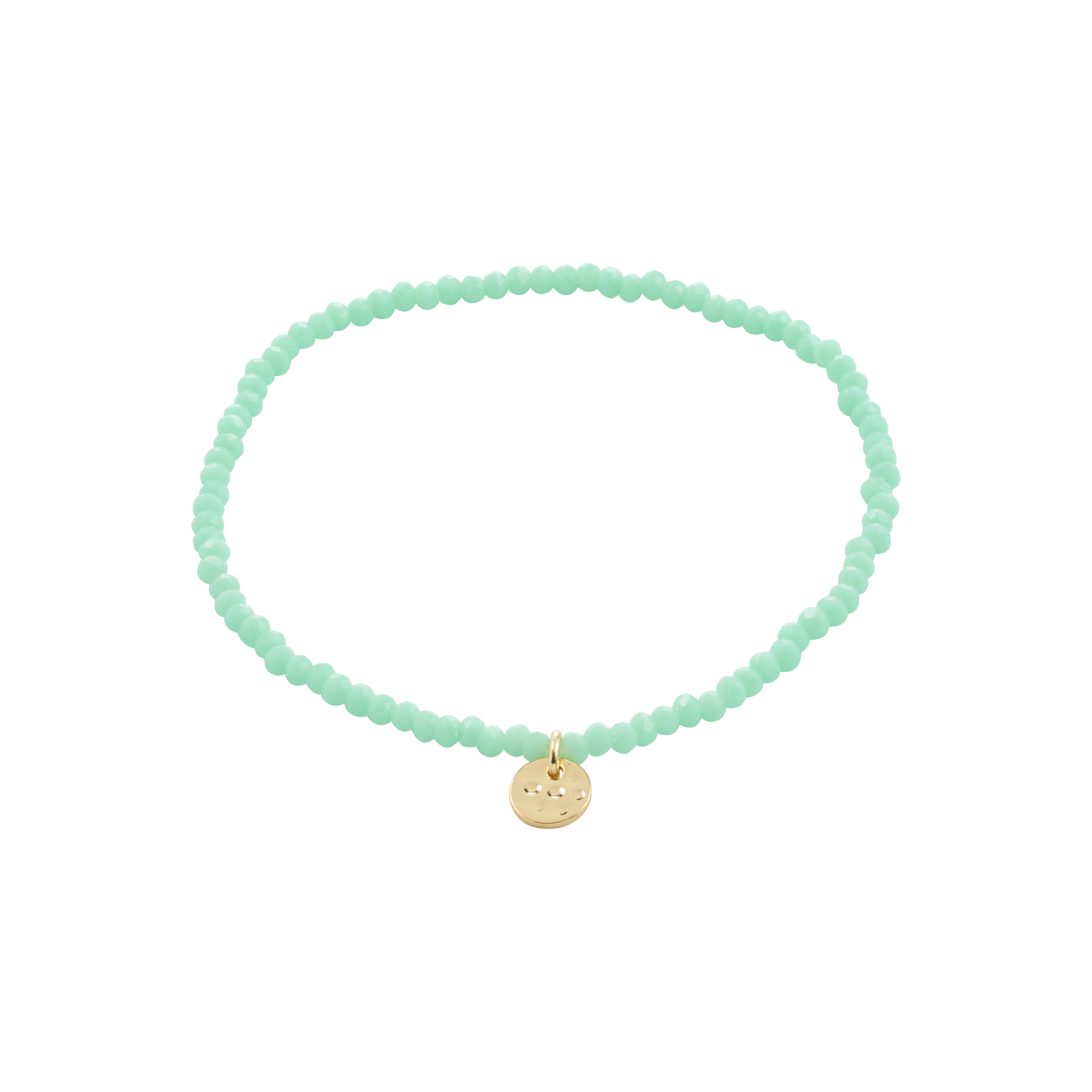 INDIE bracelet featuring mint green faceted glass beads and a gold-plated charm, highlighting Pilgrim's Scandinavian craftsmanship. Perfect for stacking, fits most wrists with elastic.