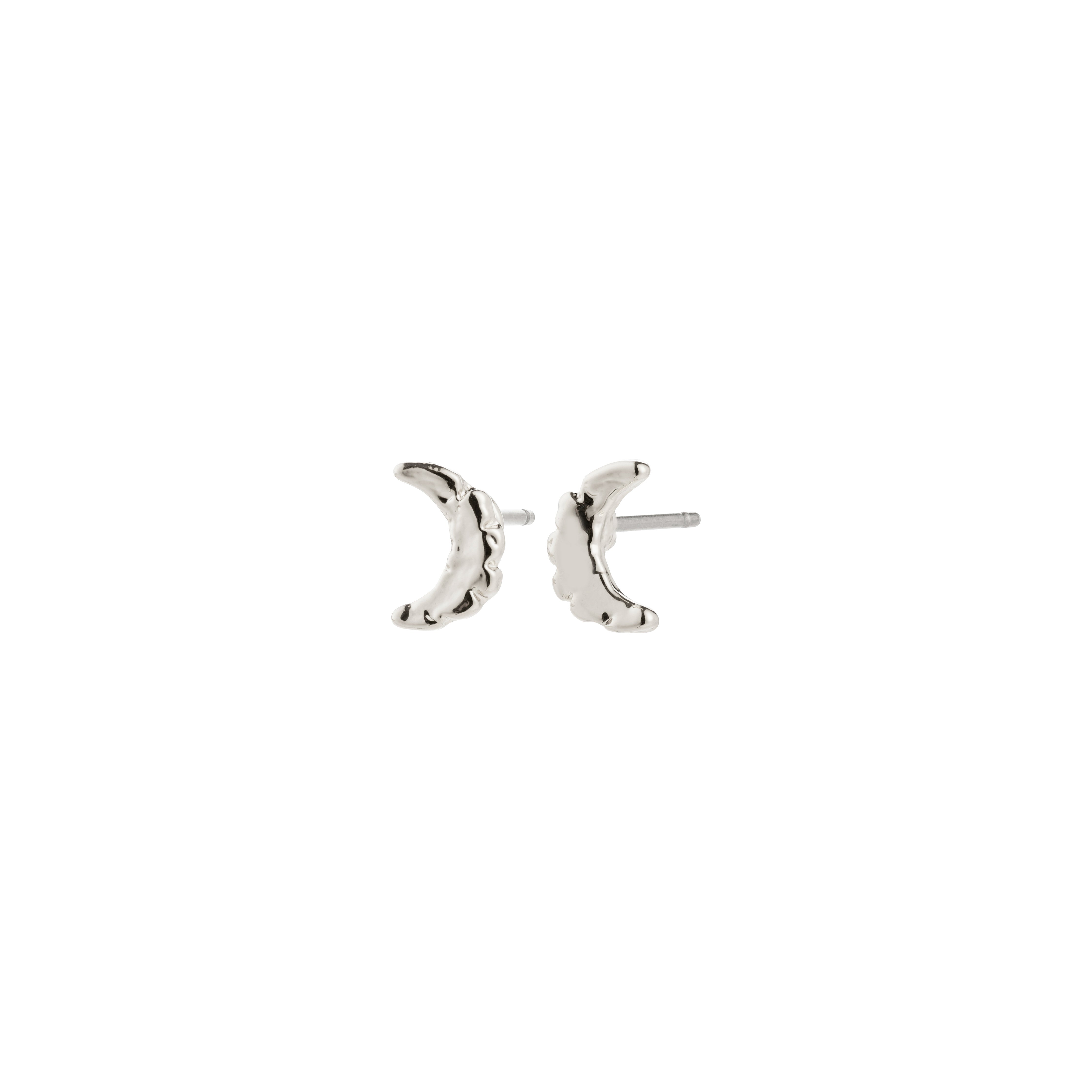 Silver-plated moon earrings, crafted by Pilgrim, featuring crescent shapes symbolizing new beginnings, perfect for layering or minimalist wear, and made from recycled materials.
