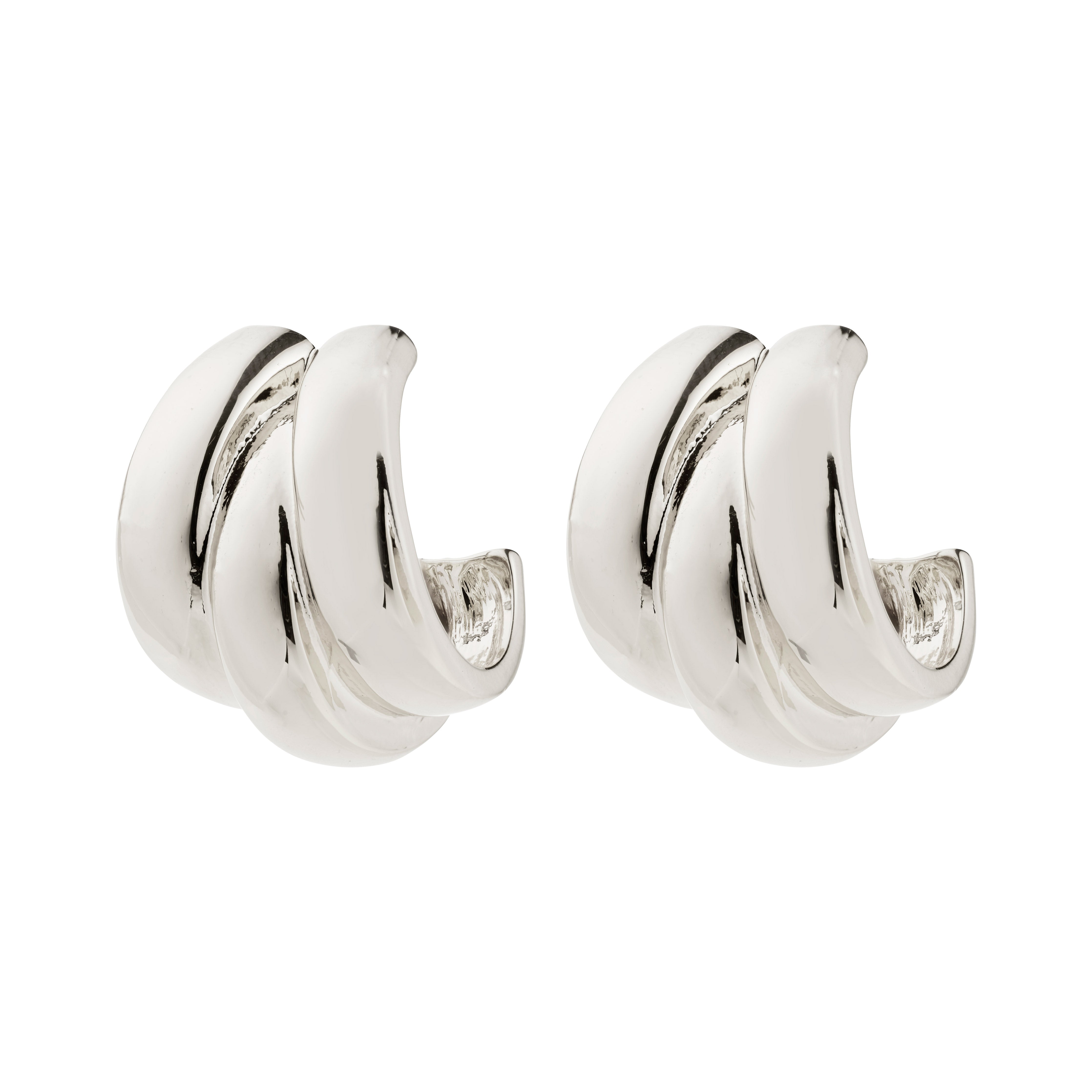 DAMIA earrings silver-plated: Chunky, polished triple-banded hoops with modern sculptural design, offering a bold statement and crafted from 99% recycled materials.