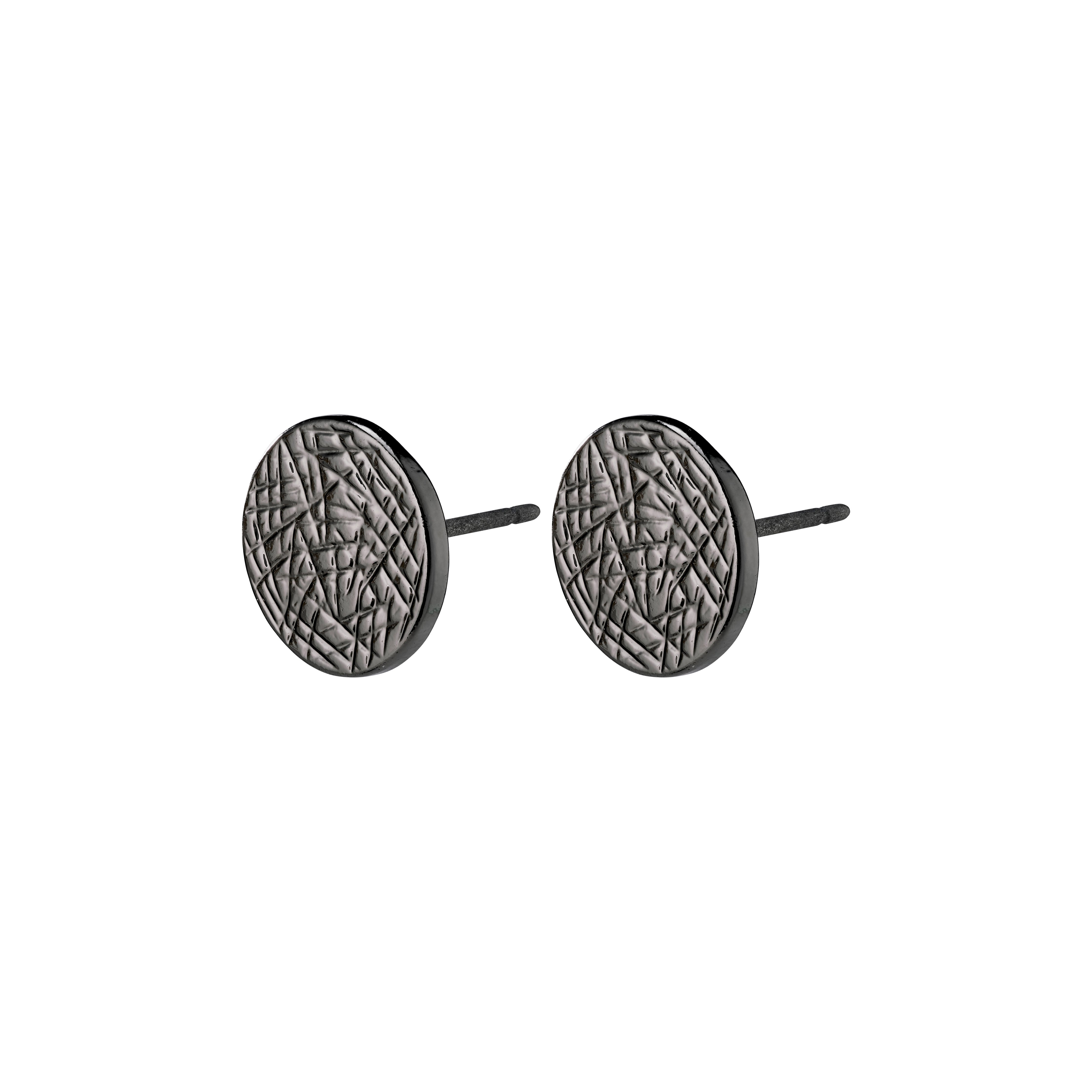WYNONNA rustic earrings in hematite color; round, shiny with small surface scratches, embodying Pilgrim's blend of timeless and trendy Scandinavian craftsmanship.