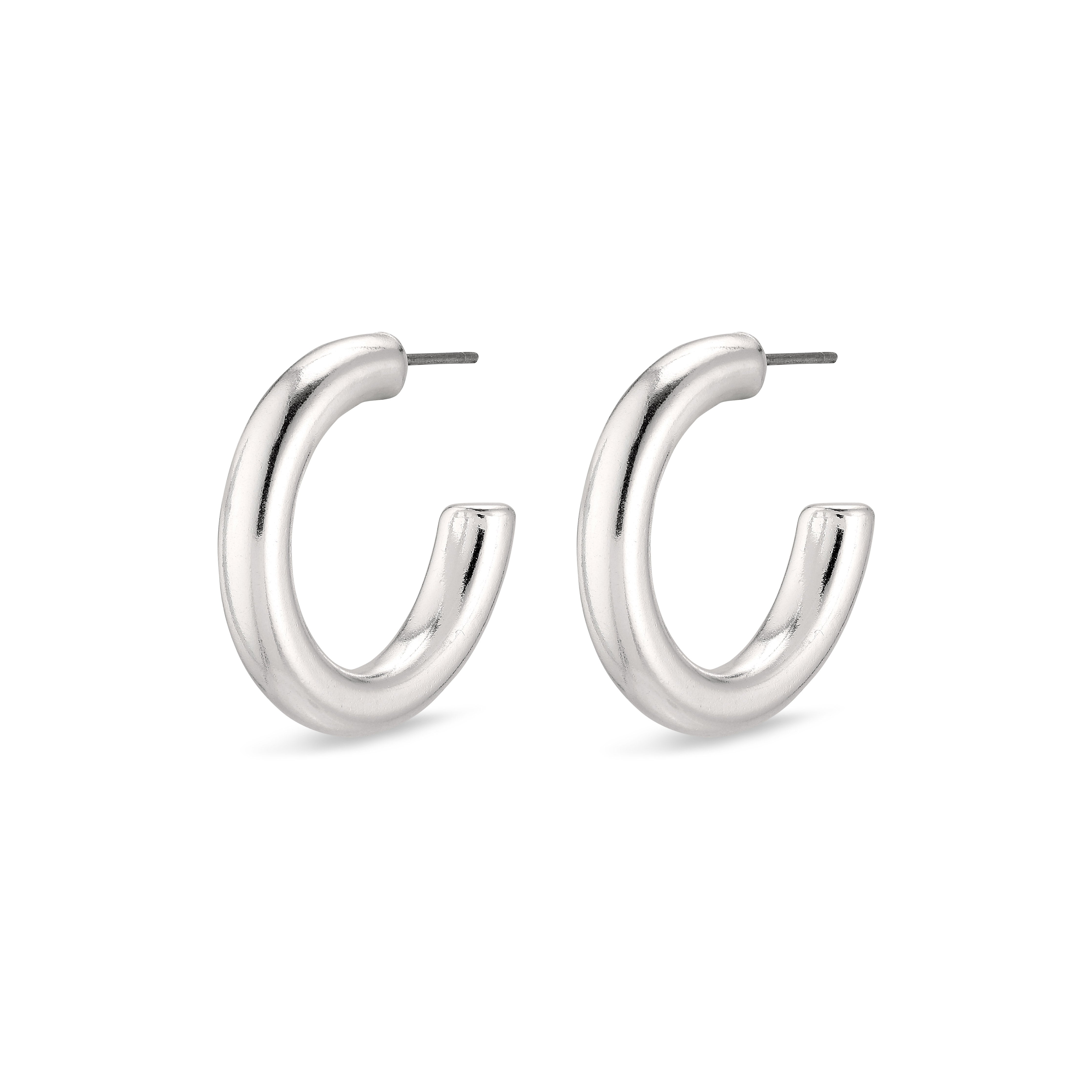 MADDIE chunky hoop earrings in silver-plated finish, offering a timeless, shiny style; perfect for enhancing casual or elegant outfits.
