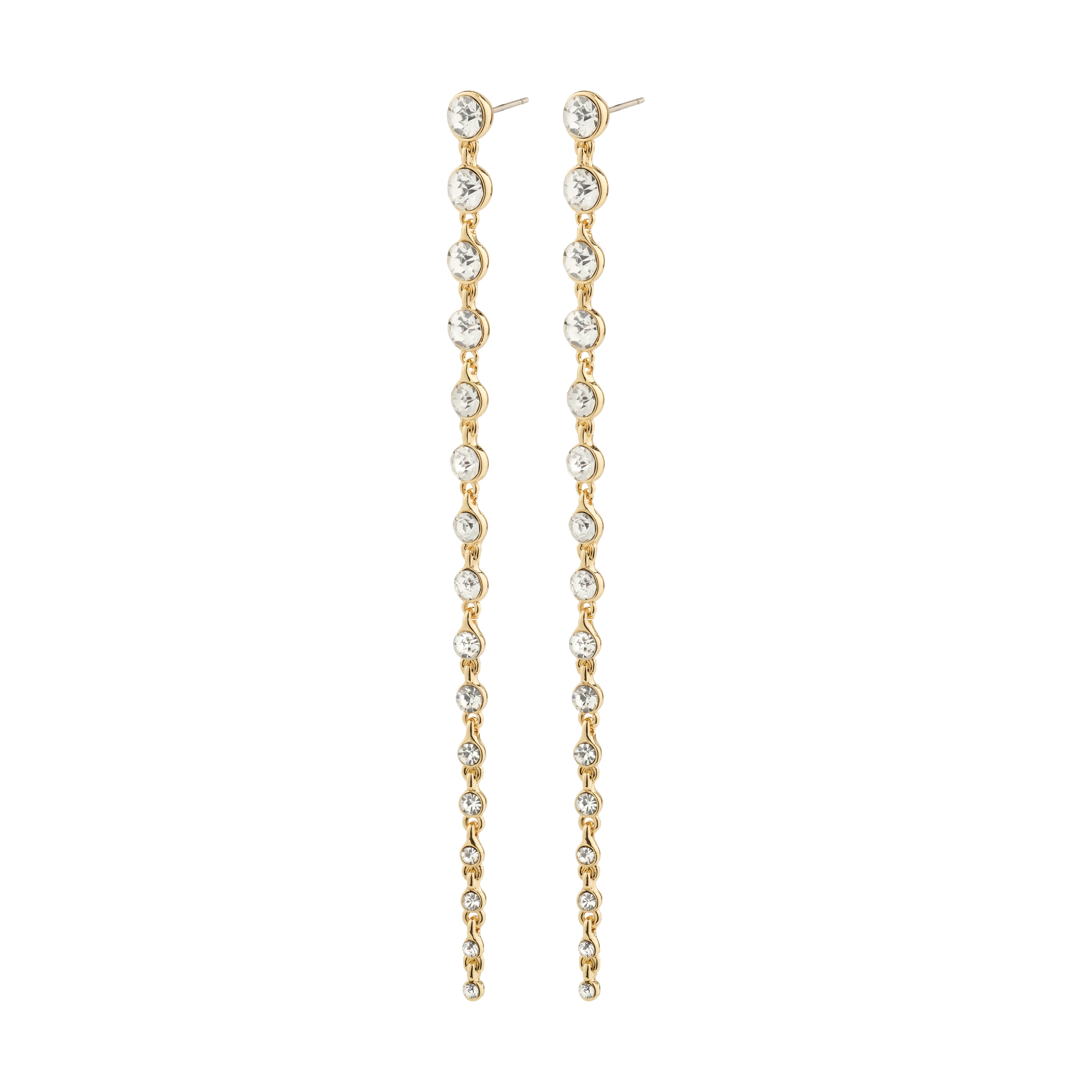 REAGAN crystal earrings, gold-plated, featuring long chains adorned with sparkling Preciosa crystals, designed for glamorous occasions. Made from minimum 95% recycled material.