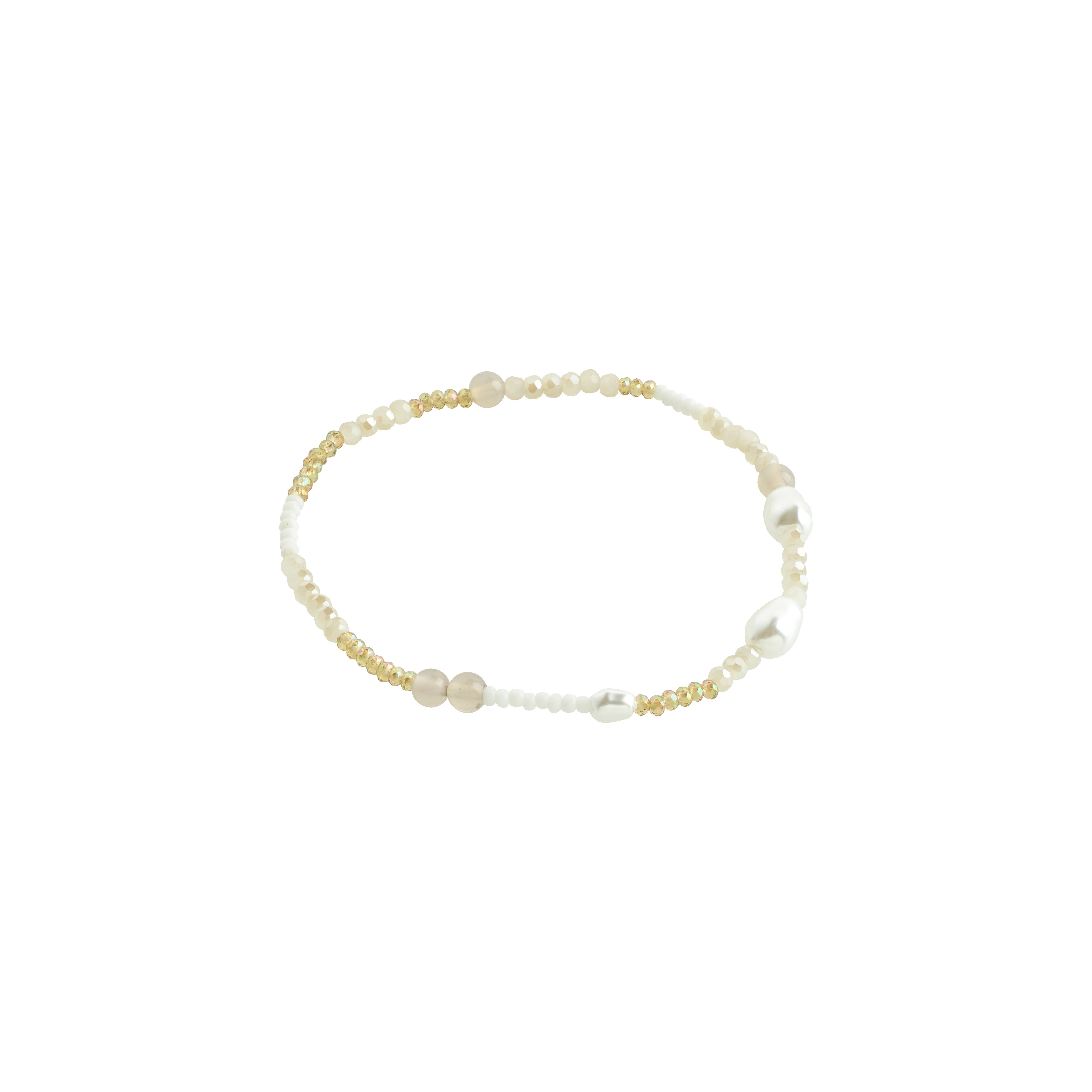 INDIANA bracelet white featuring genuine freshwater pearls, grey agate, and faceted glass beads, showcasing an effortless, organic design on a durable Lycra elastic.