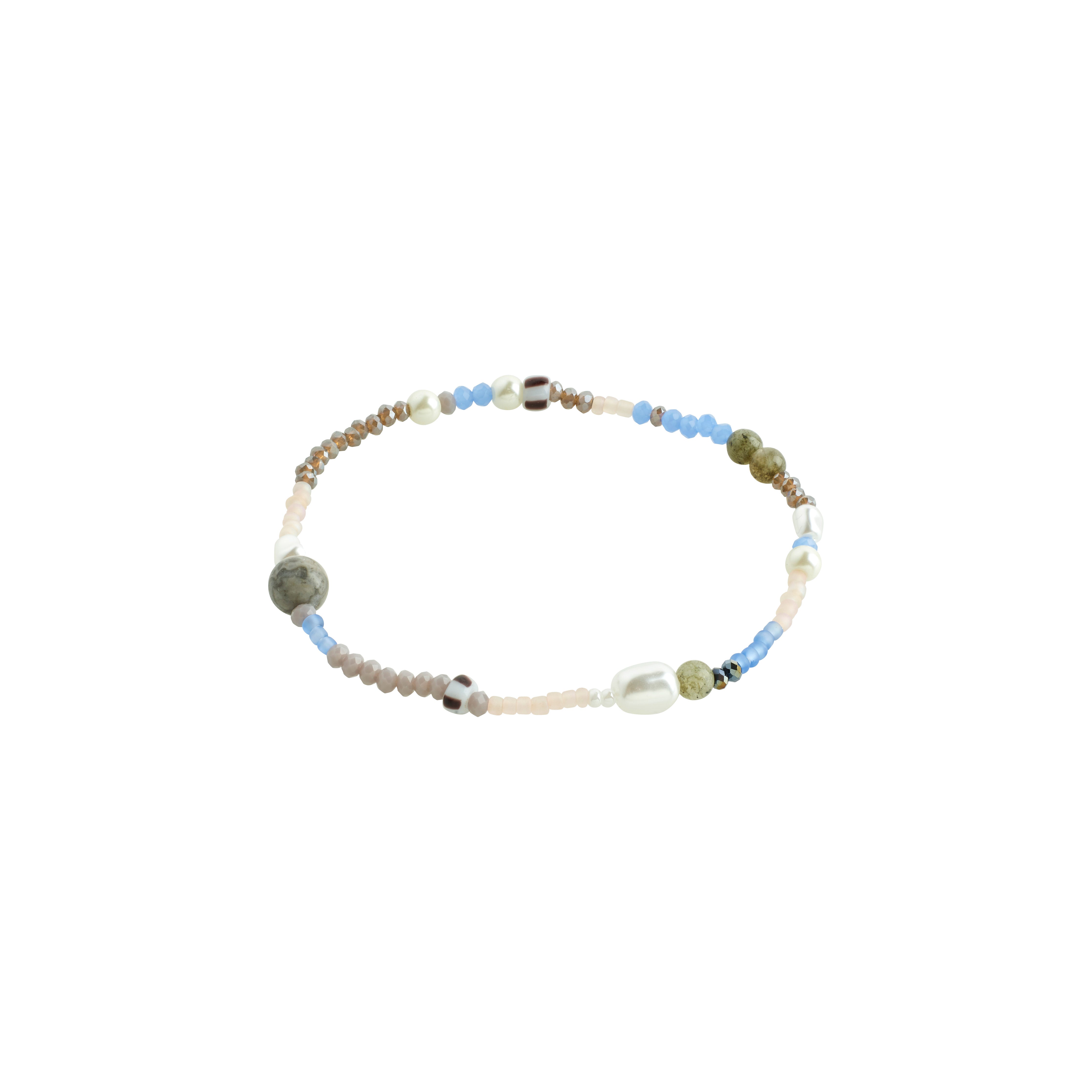 INDIANA bracelet light blue with genuine freshwater pearls, labradorite stones, and faceted glass beads, offering an effortless, organic look on a durable Lycra elastic.