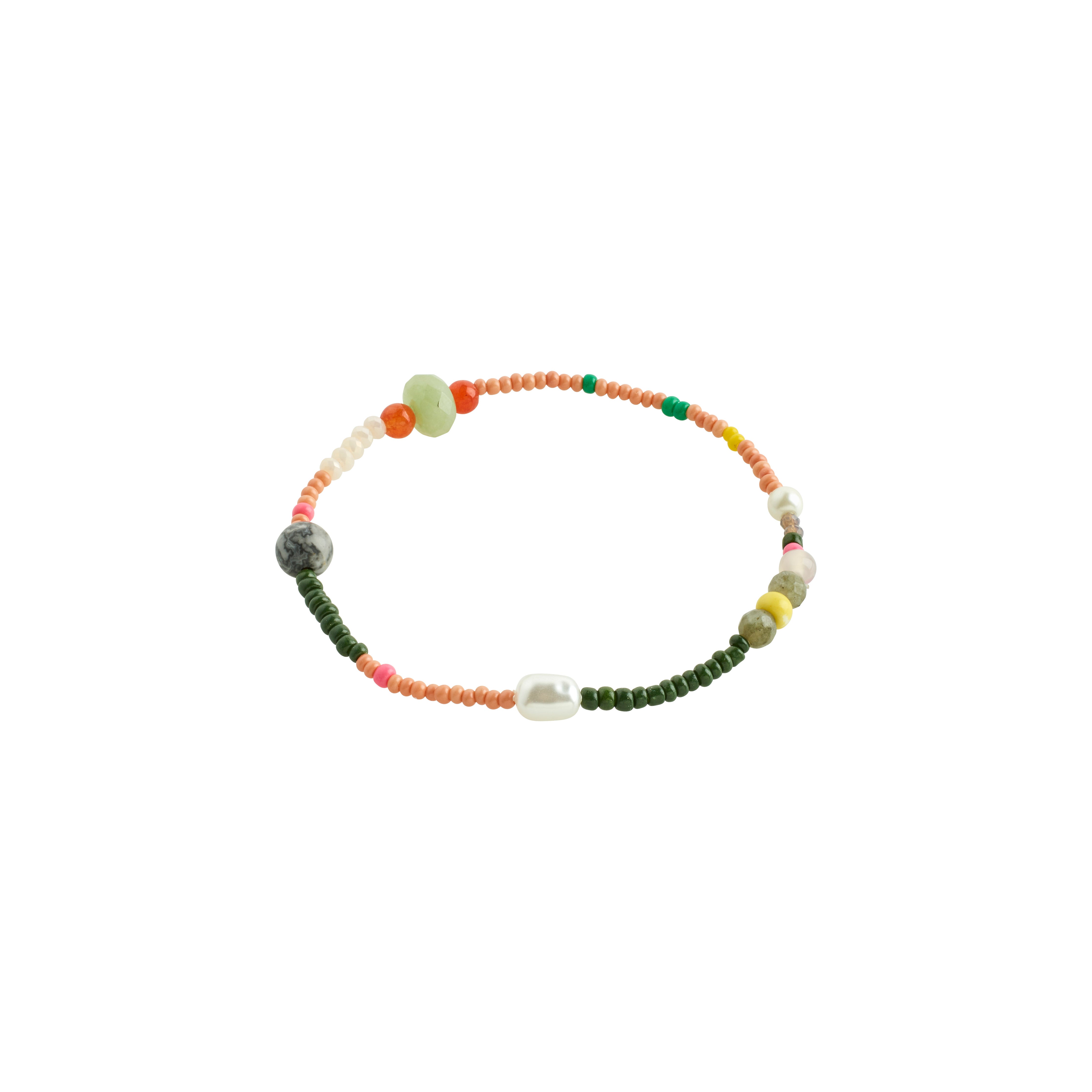 INDIANA bracelet peach featuring freshwater pearls, aventurine, labradorite, and agate with green and pink glass beads, offering an effortless, organic look on durable Lycra elastic.