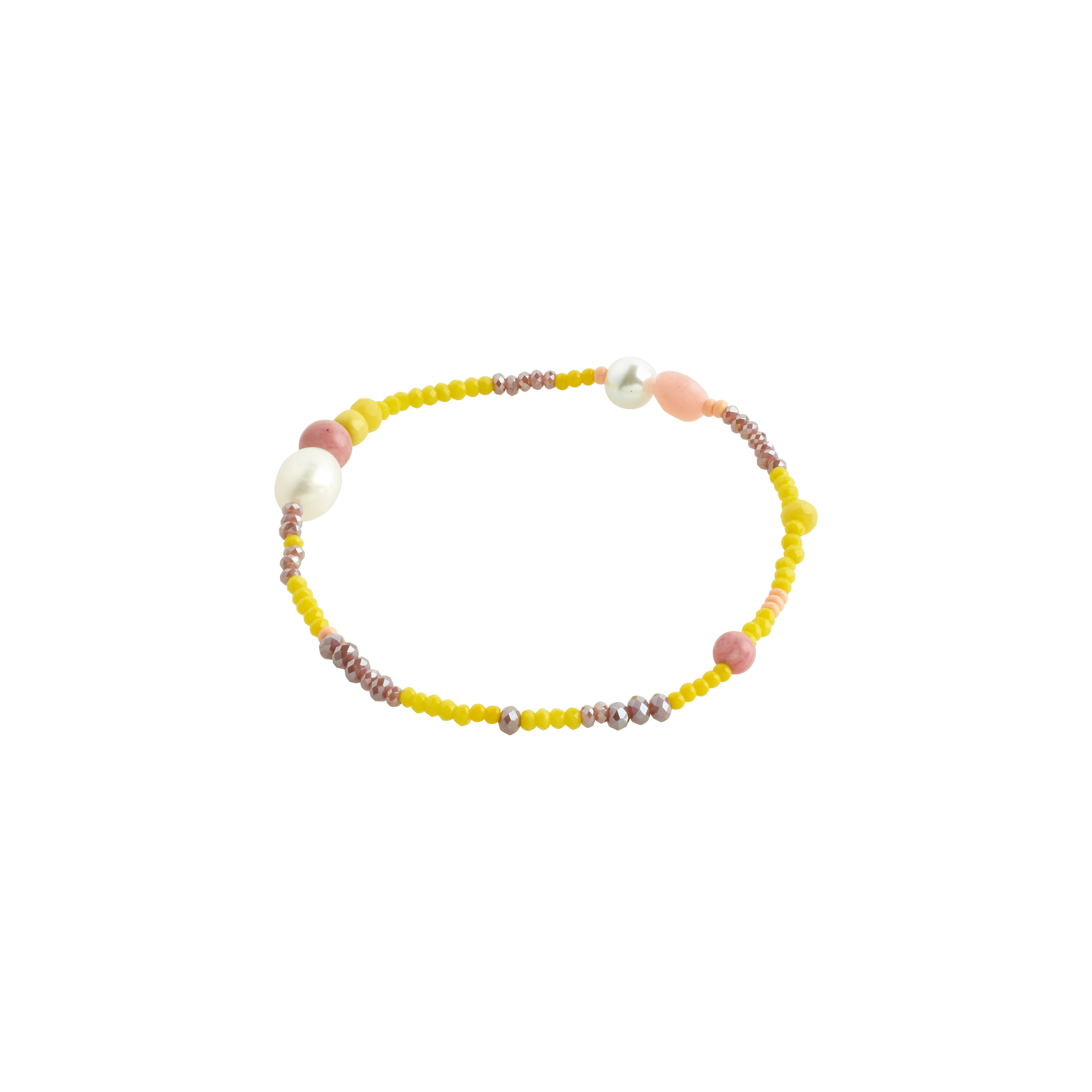 INDIANA bracelet featuring genuine freshwater pearls and pink opal, accented with yellow and pink faceted glass beads for an organic, trendy look.