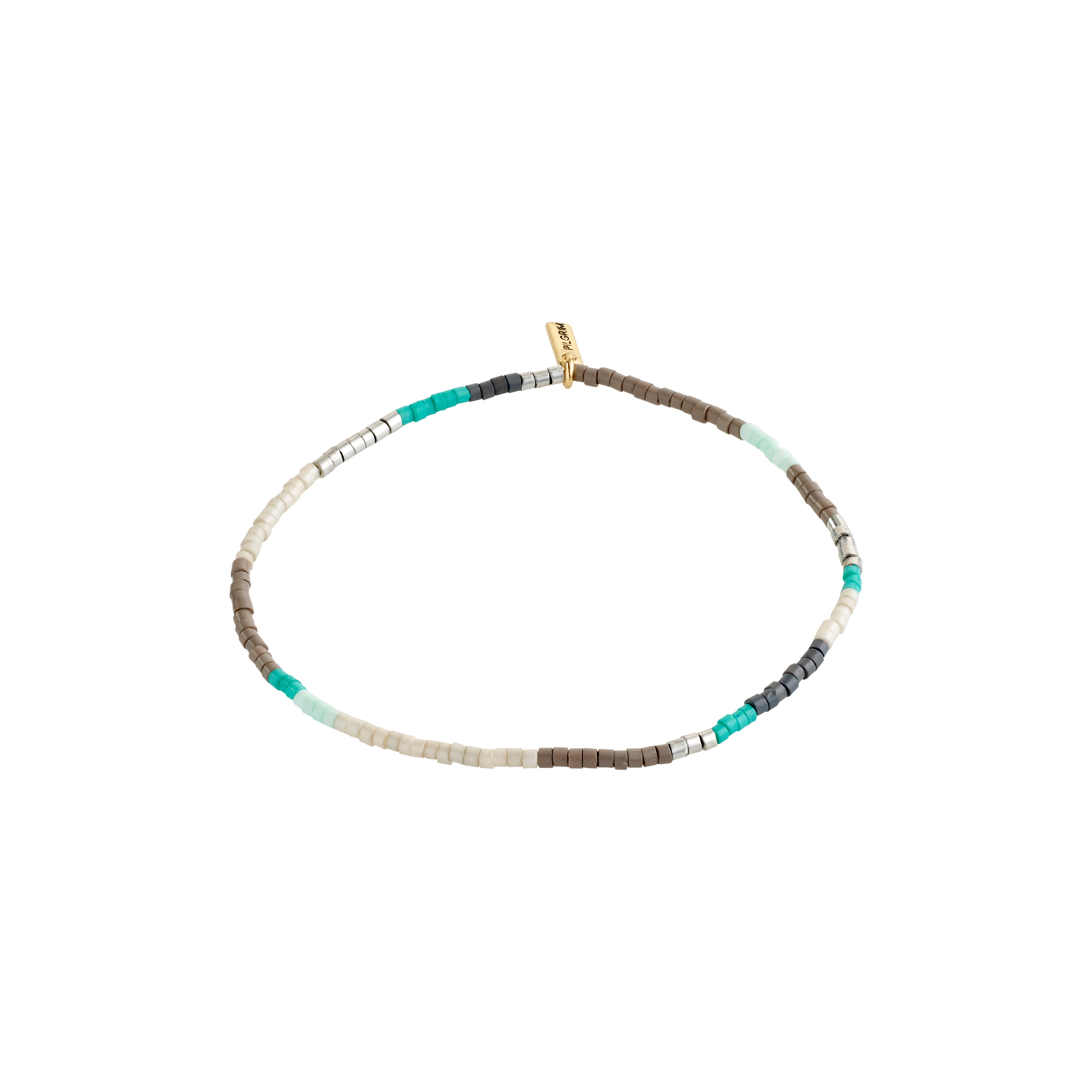 ALISON bracelet features mint green and grey glass beads with a gold-plated clasp, perfect for stacking, reflecting Pilgrim's boho-inspired Danish jewellery design.