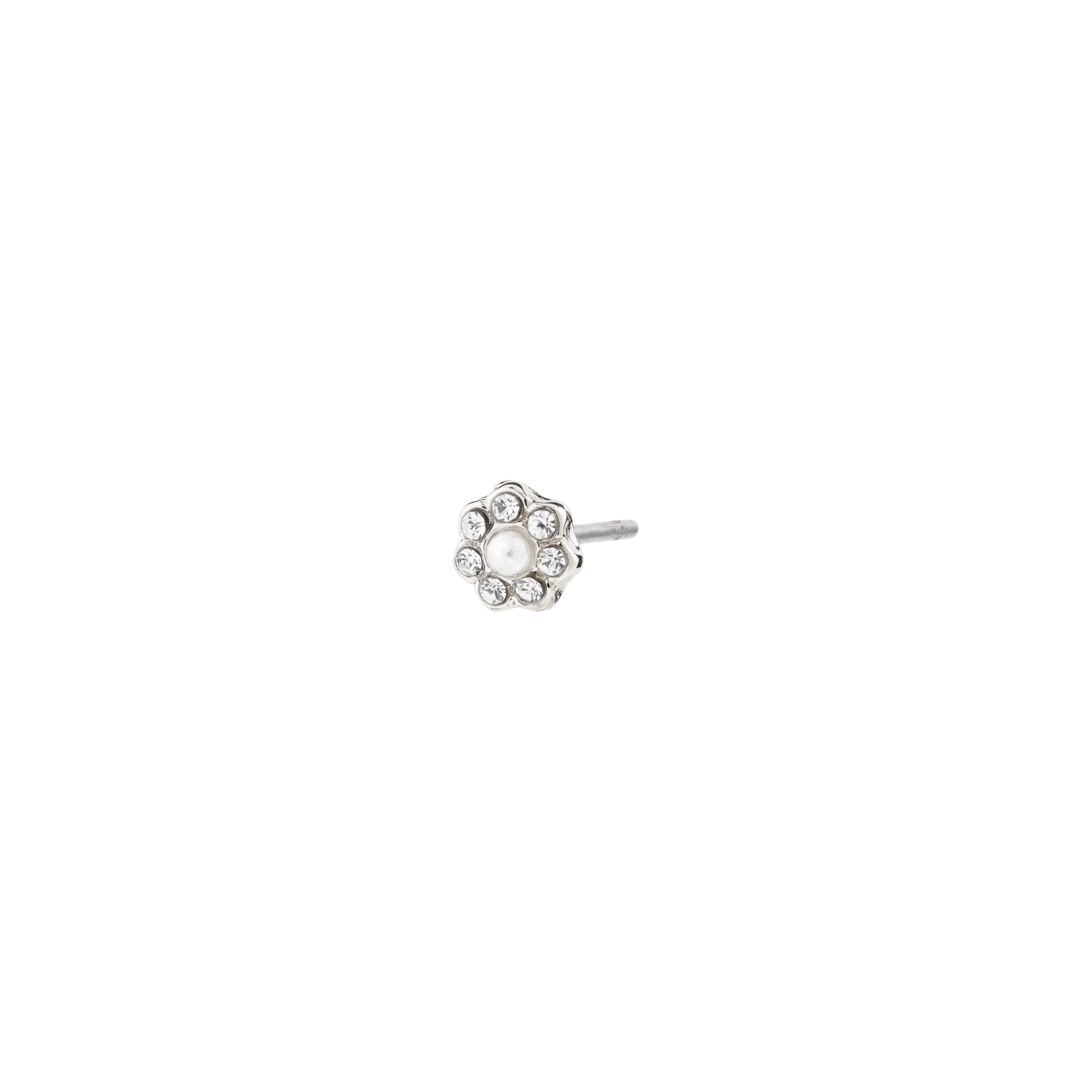 NIKOLETA single earring silver-plated featuring a floral motif with pearlescent glass bead and sparkling Preciosa crystals, embodies eco-chic style and Scandinavian craftsmanship.