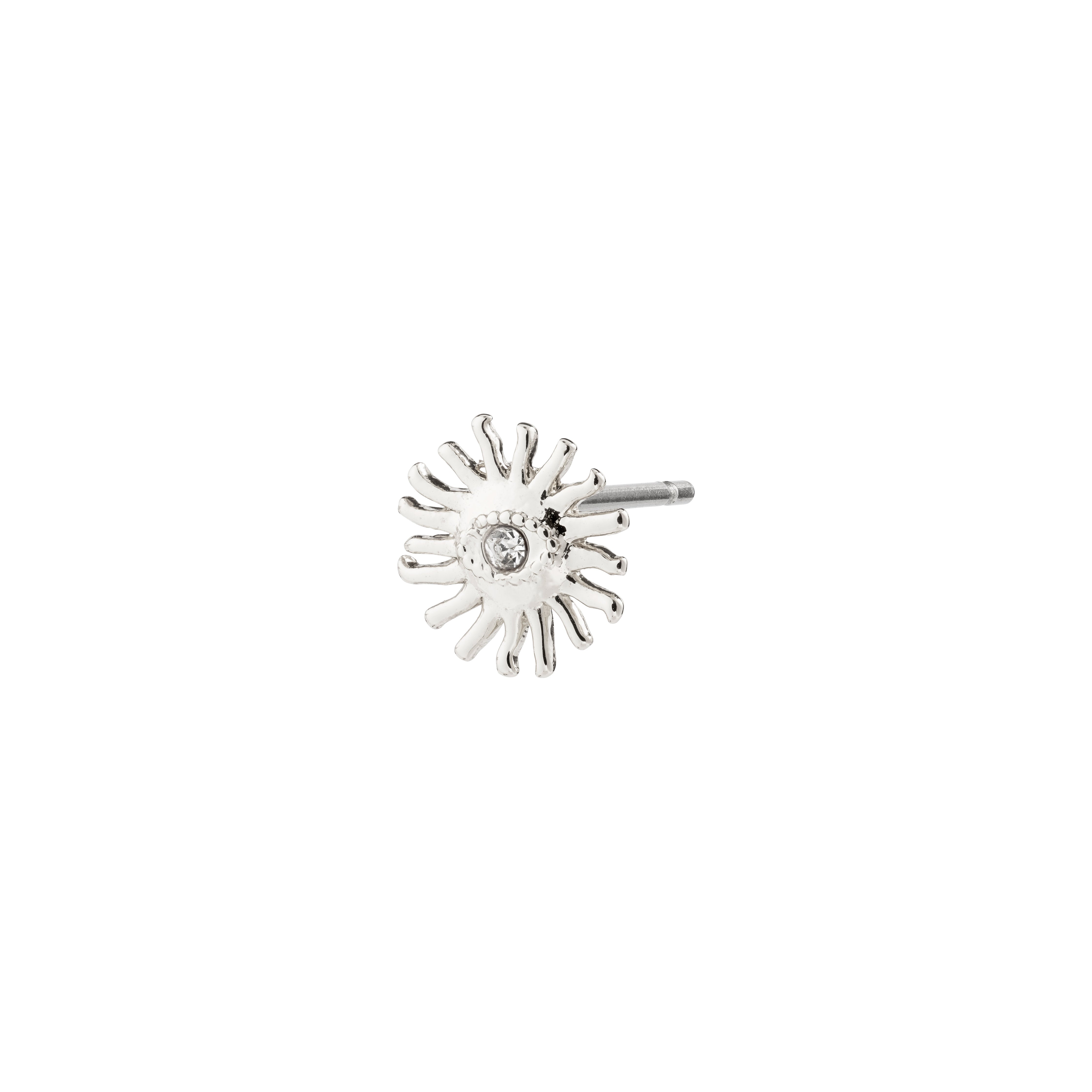 LAMIA single earring silver-plated, designed as a radiant sun with a Preciosa crystal center, perfect for a unique and trendy ear curation.