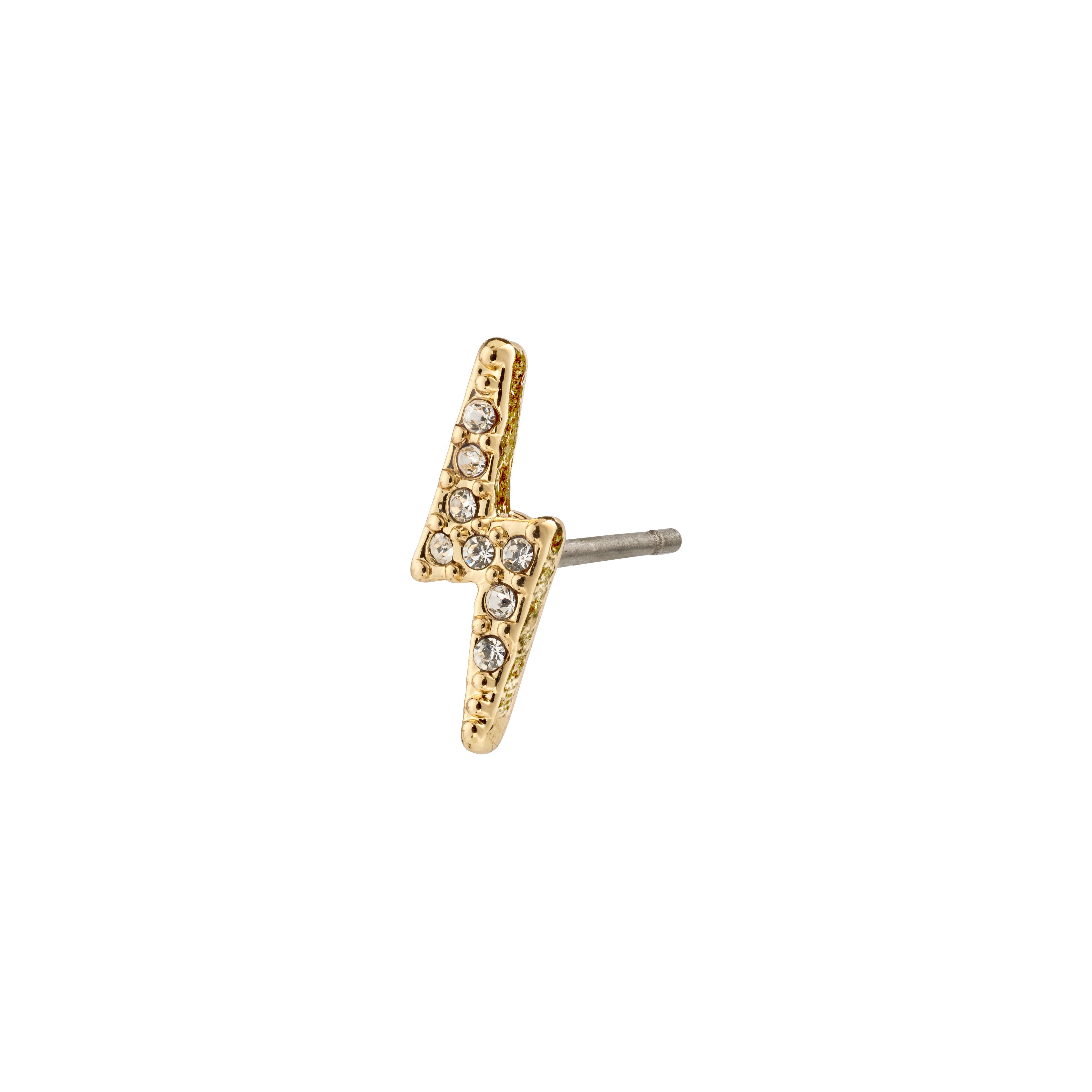 ADONIS single earring gold-plated, shaped like a lightning bolt with Preciosa crystals, crafted from 95% recycled material, offering a stylish, personalized touch.