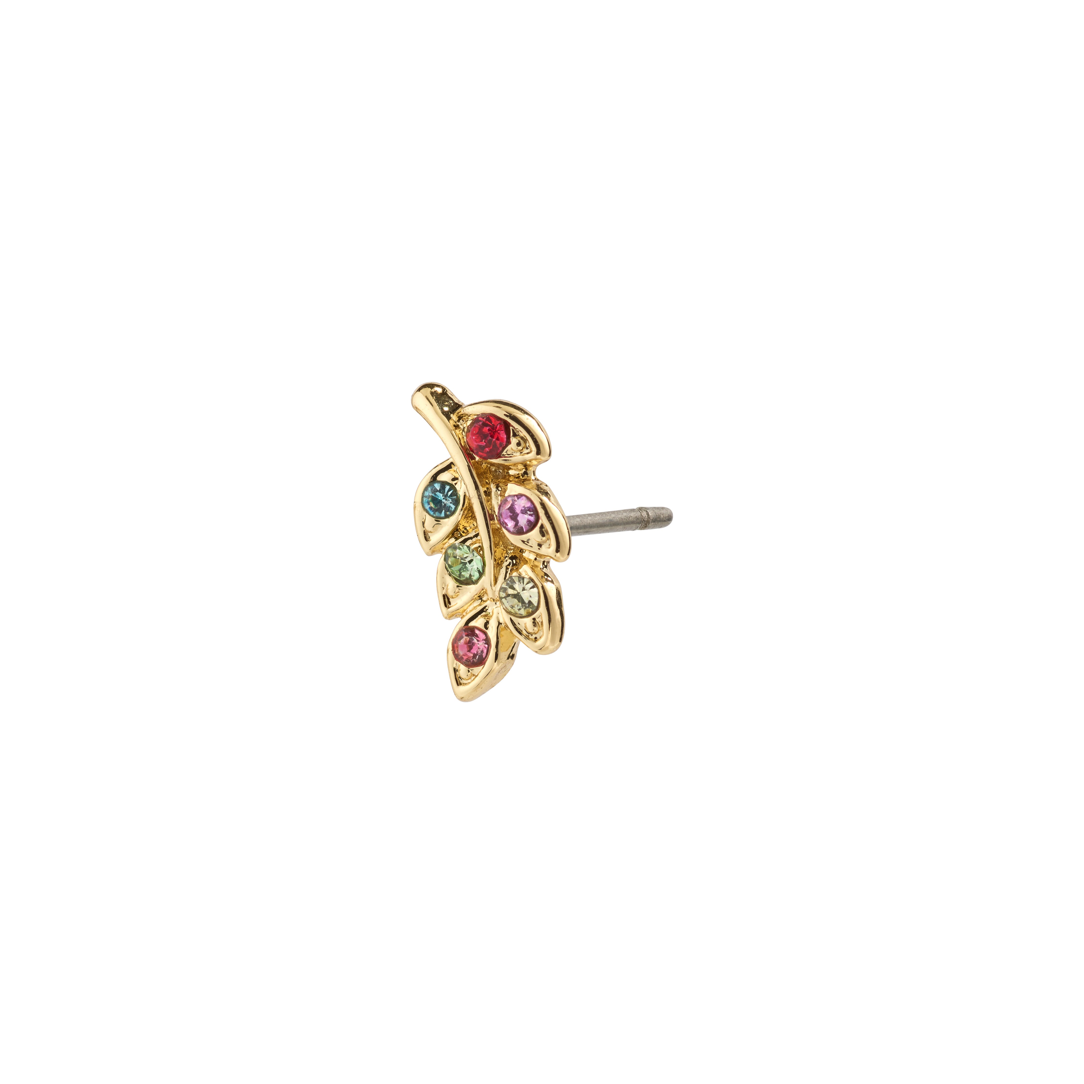 ARES single earring gold-plated, shaped like a leaf with colorful stones, designed for asymmetrical ear curation with 75% recycled materials by Pilgrim.