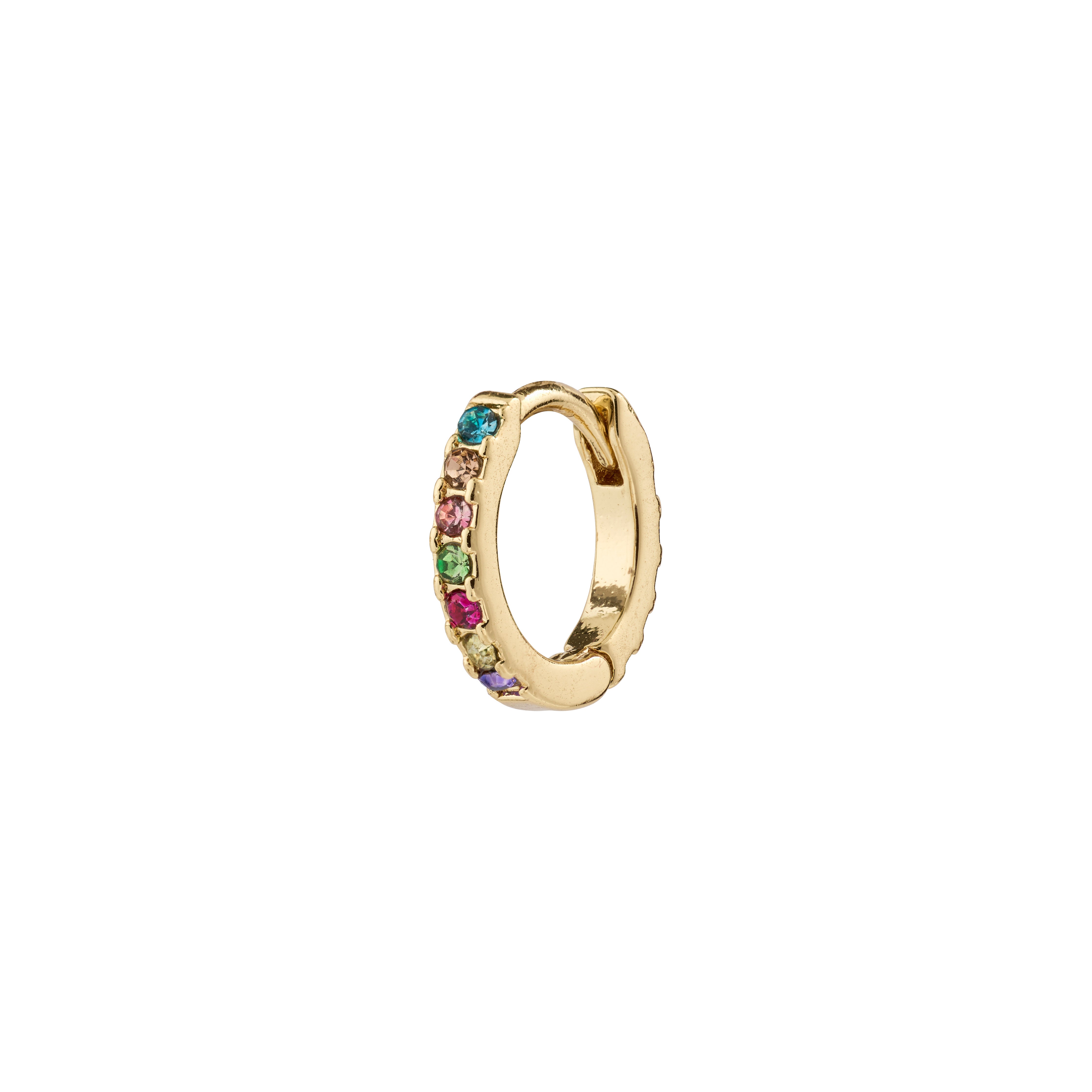 ZOE single earring gold-plated, featuring multicolored Preciosa crystals on a classic huggie hoop with an easy click clasp, made from 87% recycled material.