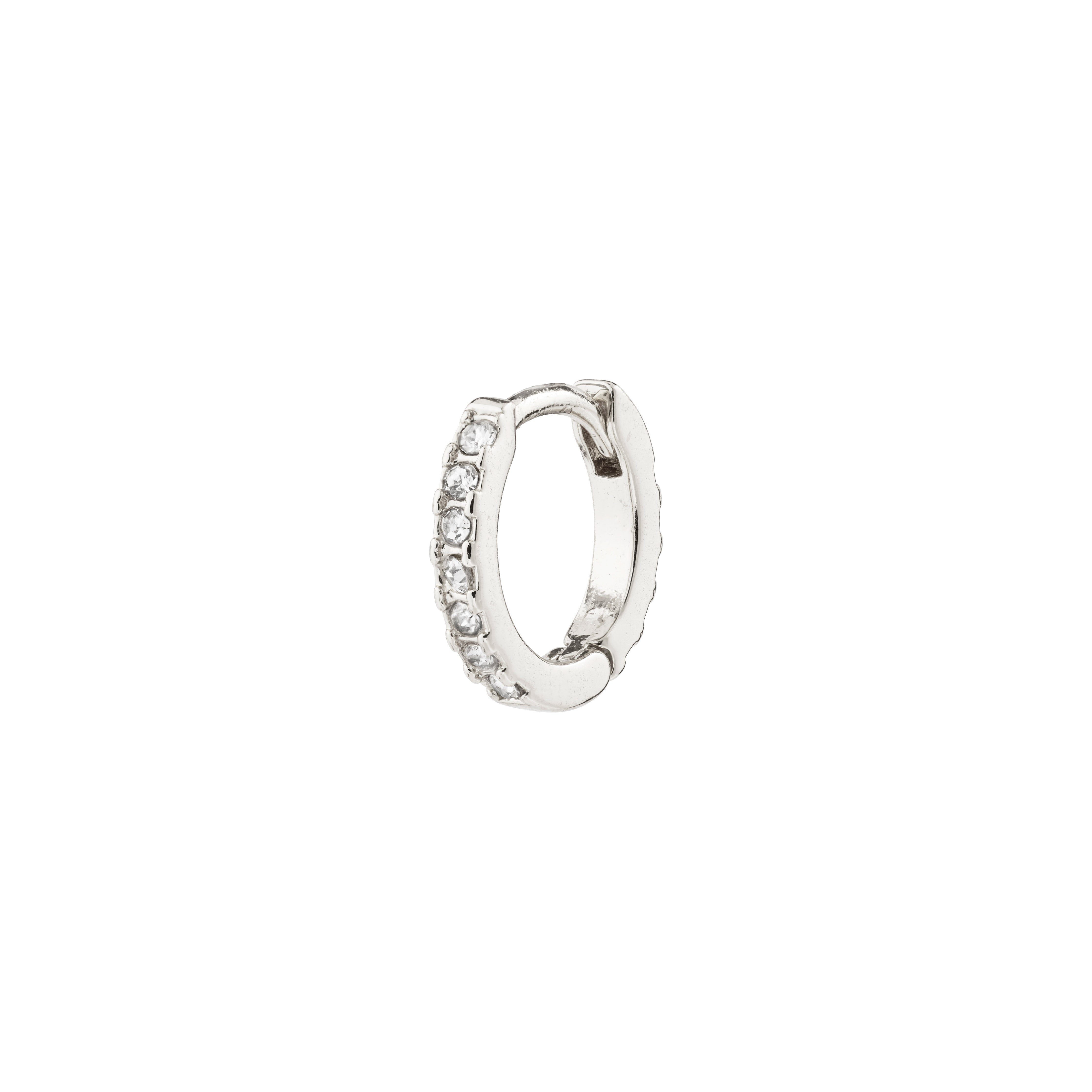 ZOE single silver-plated earring with Preciosa crystals, featuring a huggie hoop design and easy click clasp, made from recycled material.