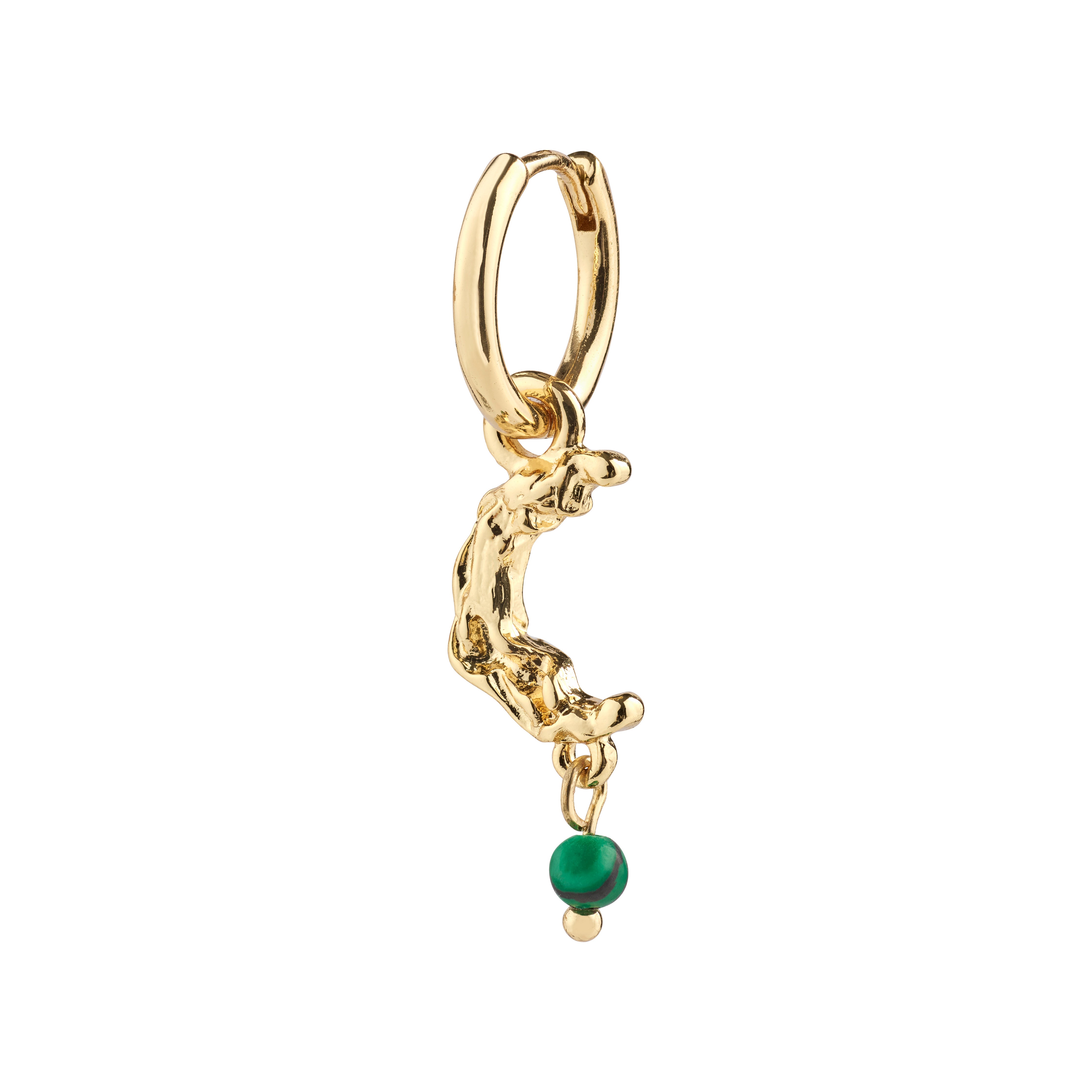 THERA single gold-plated earring featuring a moon pendant with a green stone, offering luxe boho vibes. Made from 93% recycled material.